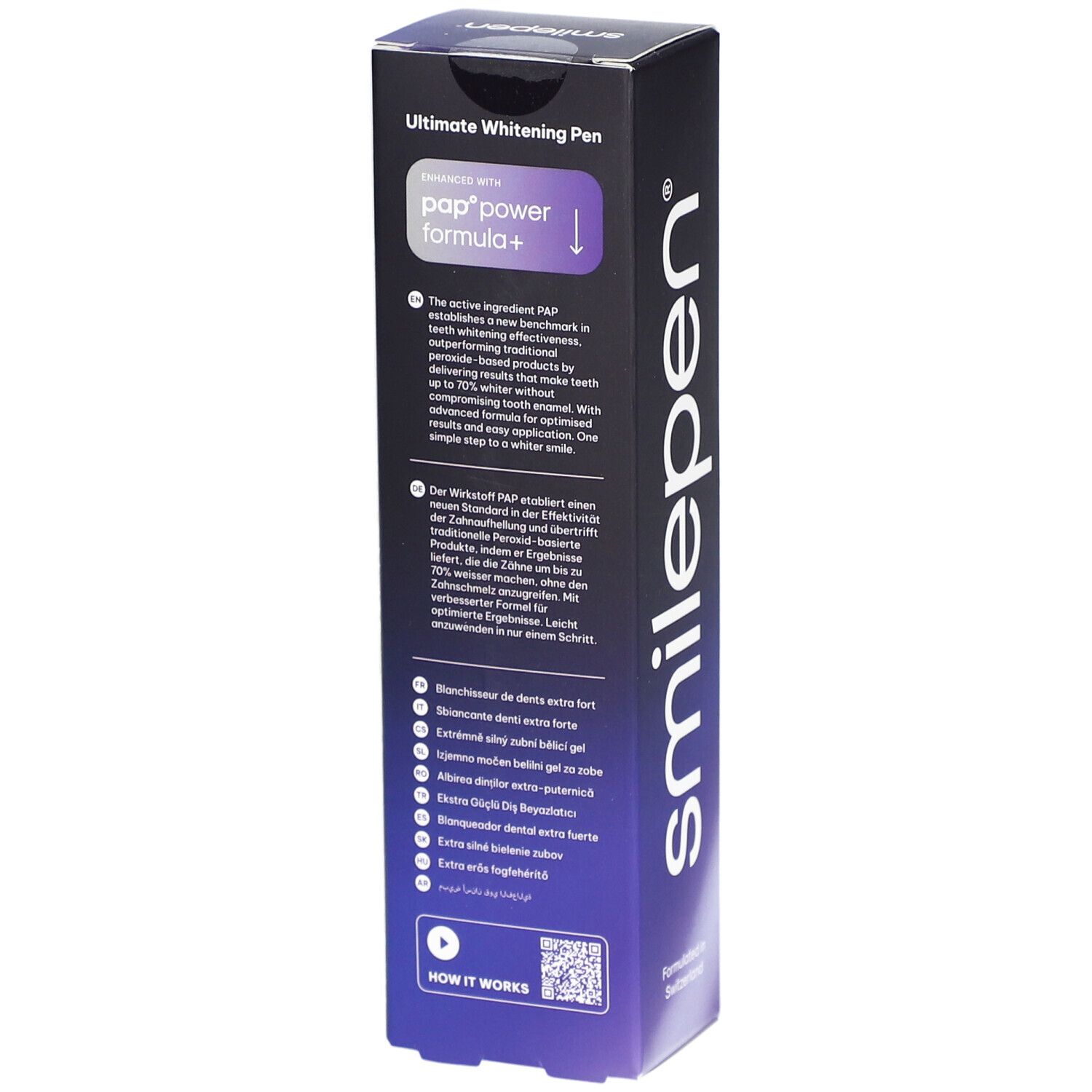 Achterkant van de verpakking SMILEPEN® Ultimate Whitening Pen. Bevat productinformatie en QR-code. Opschrift: PAP-Power Formula+.
