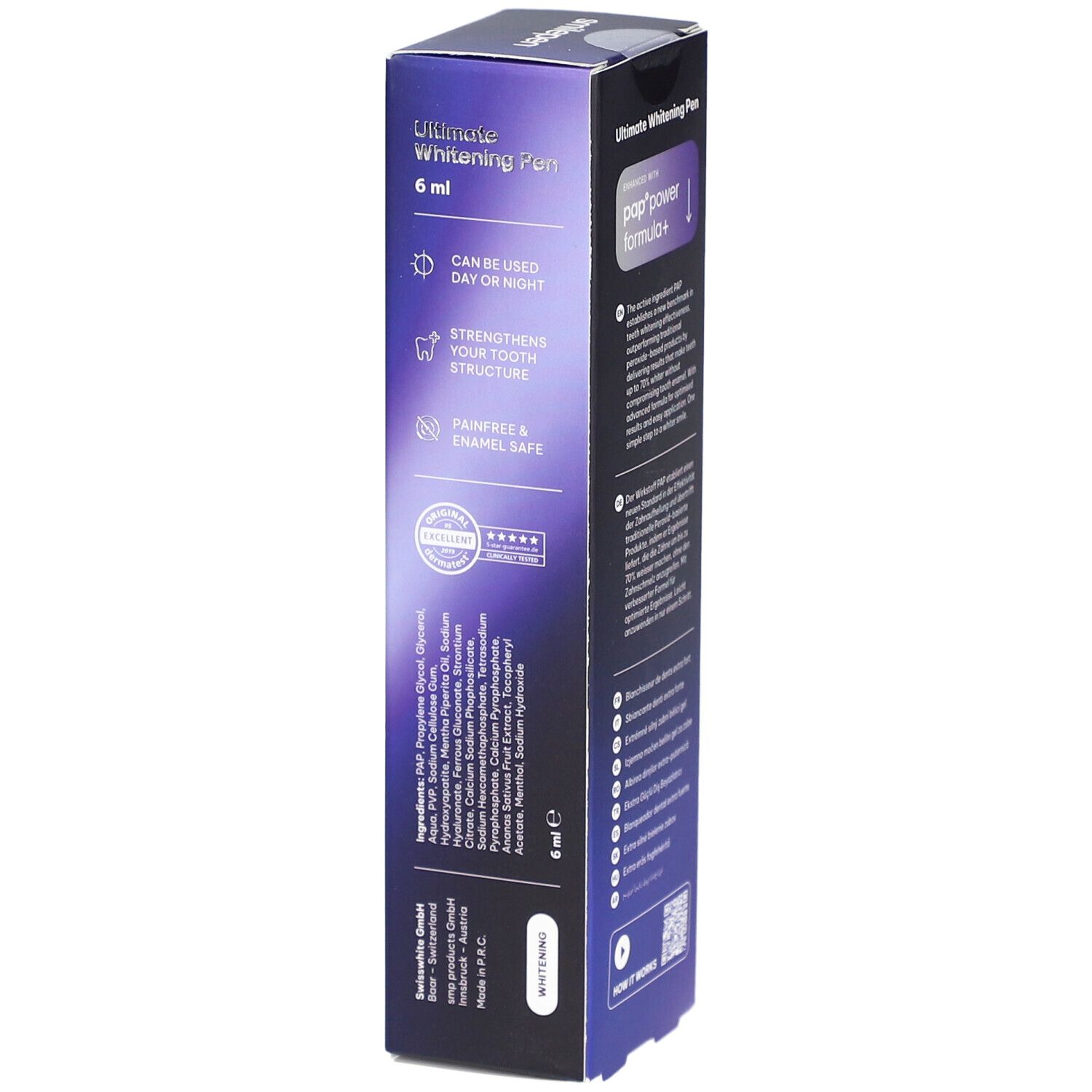 Verpakking SMILEPEN® Ultimate Whitening Pen. Bevat productinformatie en ingrediënten. Opschrift: Kan dag en nacht gebruikt worden.