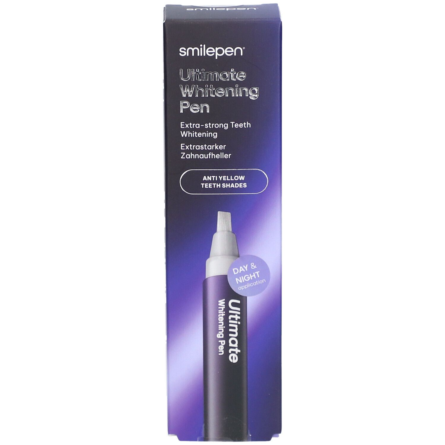 Verpakking SMILEPEN® Ultimate Whitening Pen. Bevat een pen en productinformatie. Opschrift: Extra sterke tandenbleking.