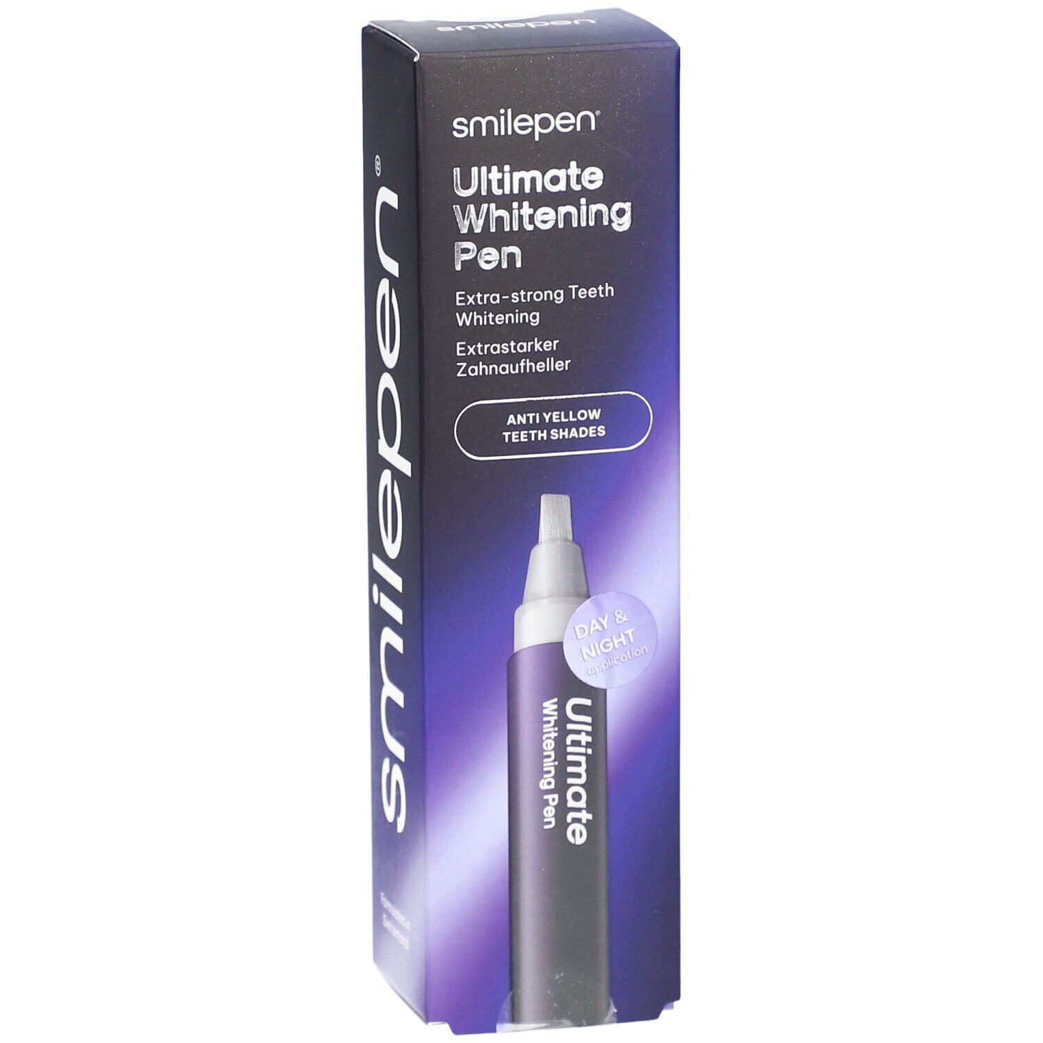 Verpakking SMILEPEN® Ultimate Whitening Pen. Bevat een pen en productinformatie. Opschrift: Extra sterke tandenbleking.
