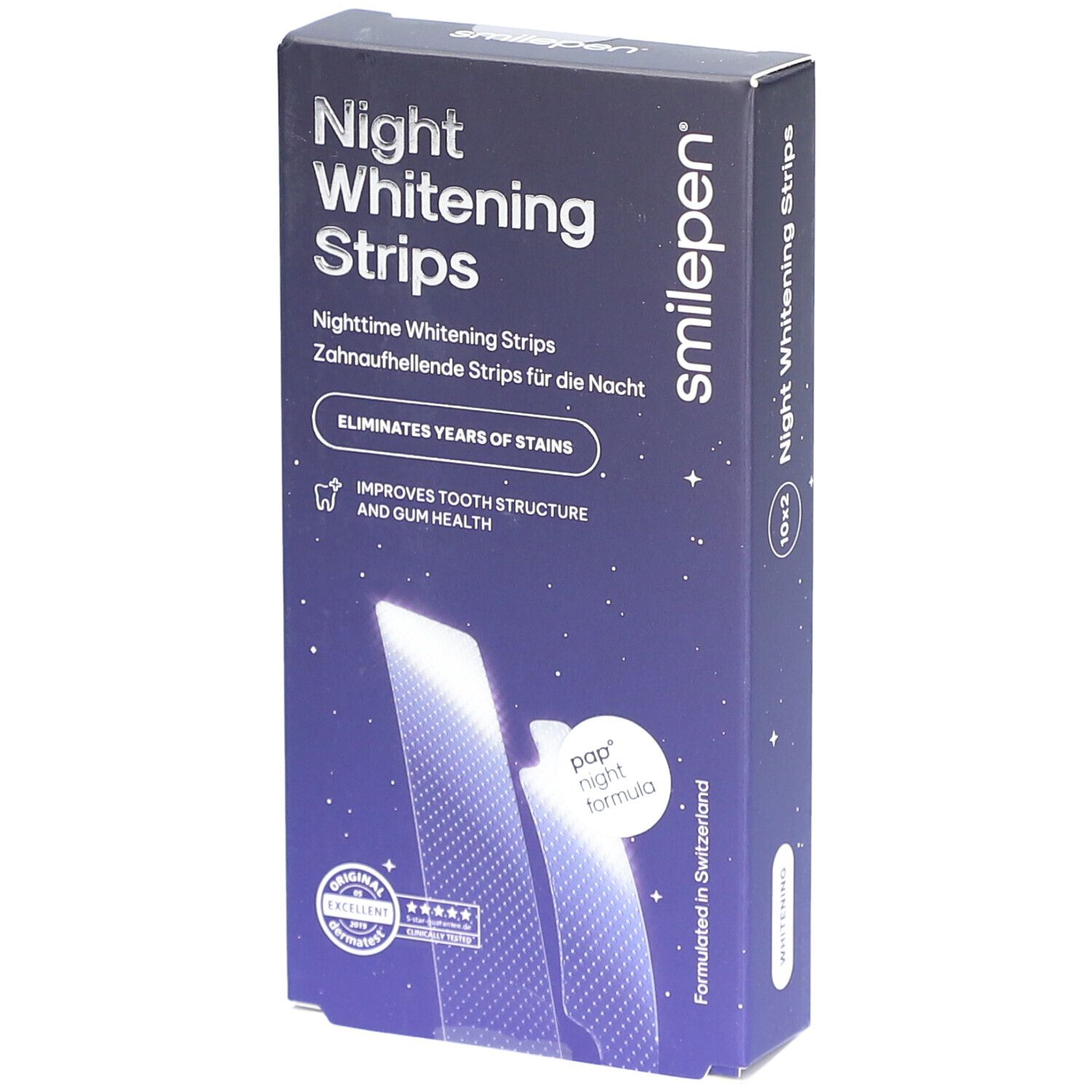 Doosje "Night Whitening Strips". Merk: smilepen. Blauwe verpakking met productinformatie en certificeringen.