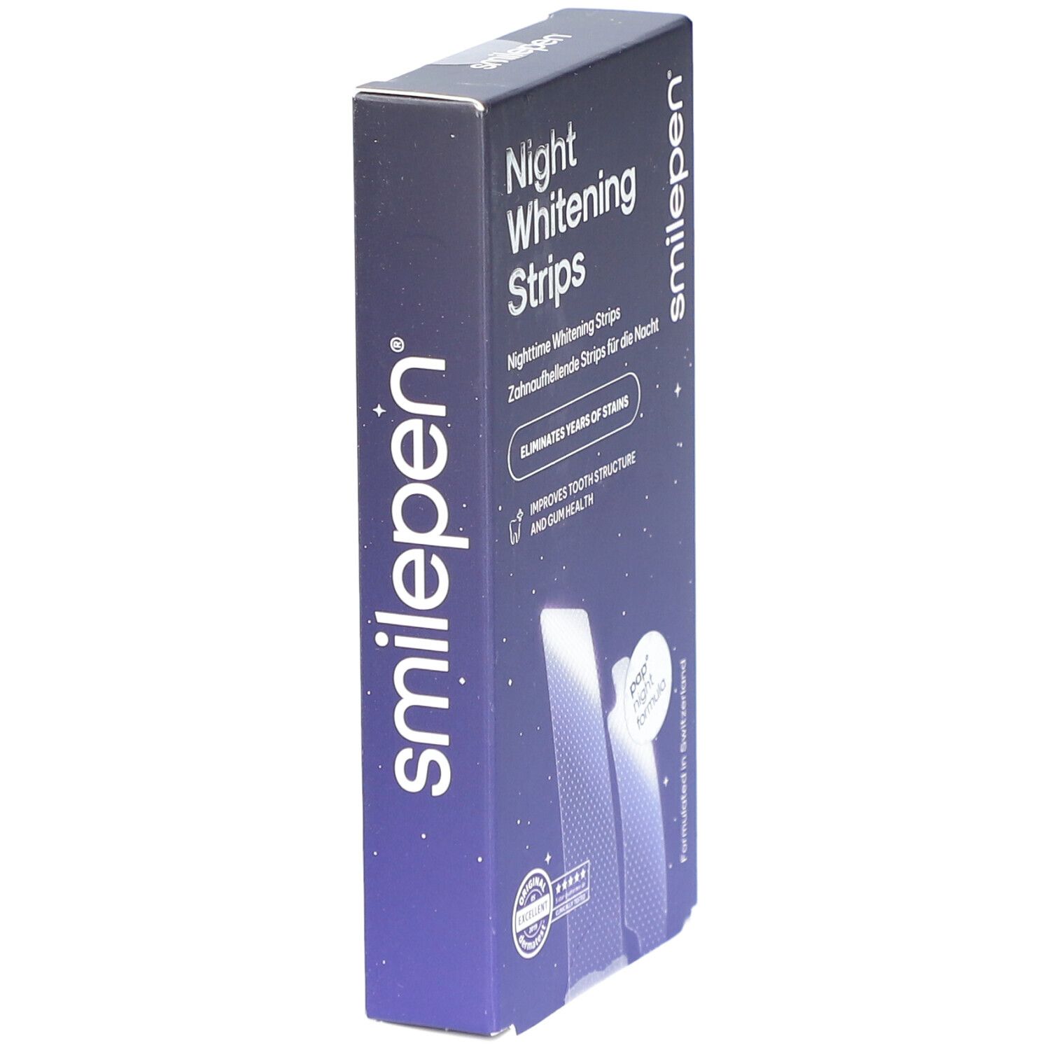 Doosje "Night Whitening Strips" van smilepen. Blauwe verpakking met productnaam en logo. Zijaanzicht.