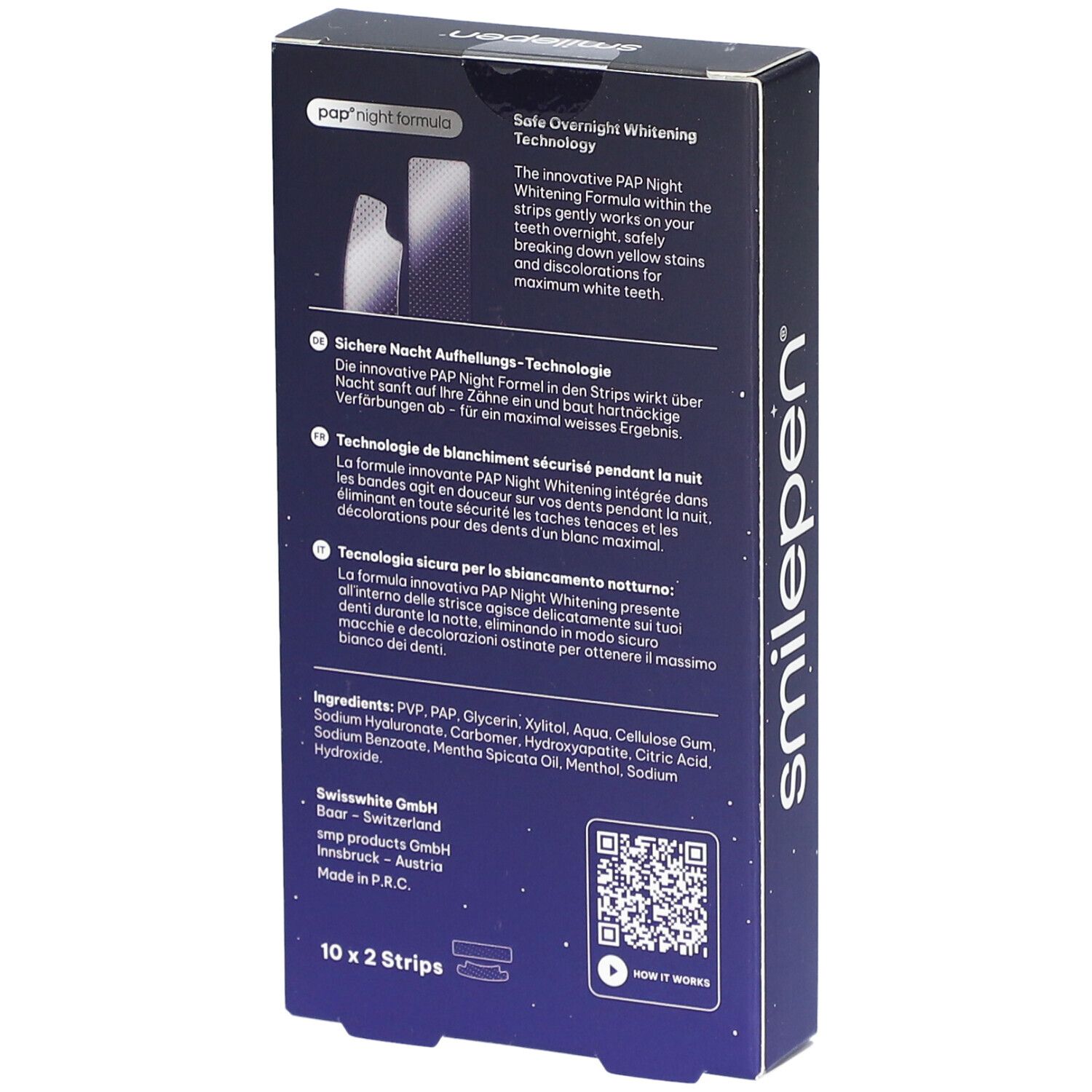 Achterkant van de doos "Night Whitening Strips". Bevat productinformatie, ingrediënten en fabrikantgegevens.