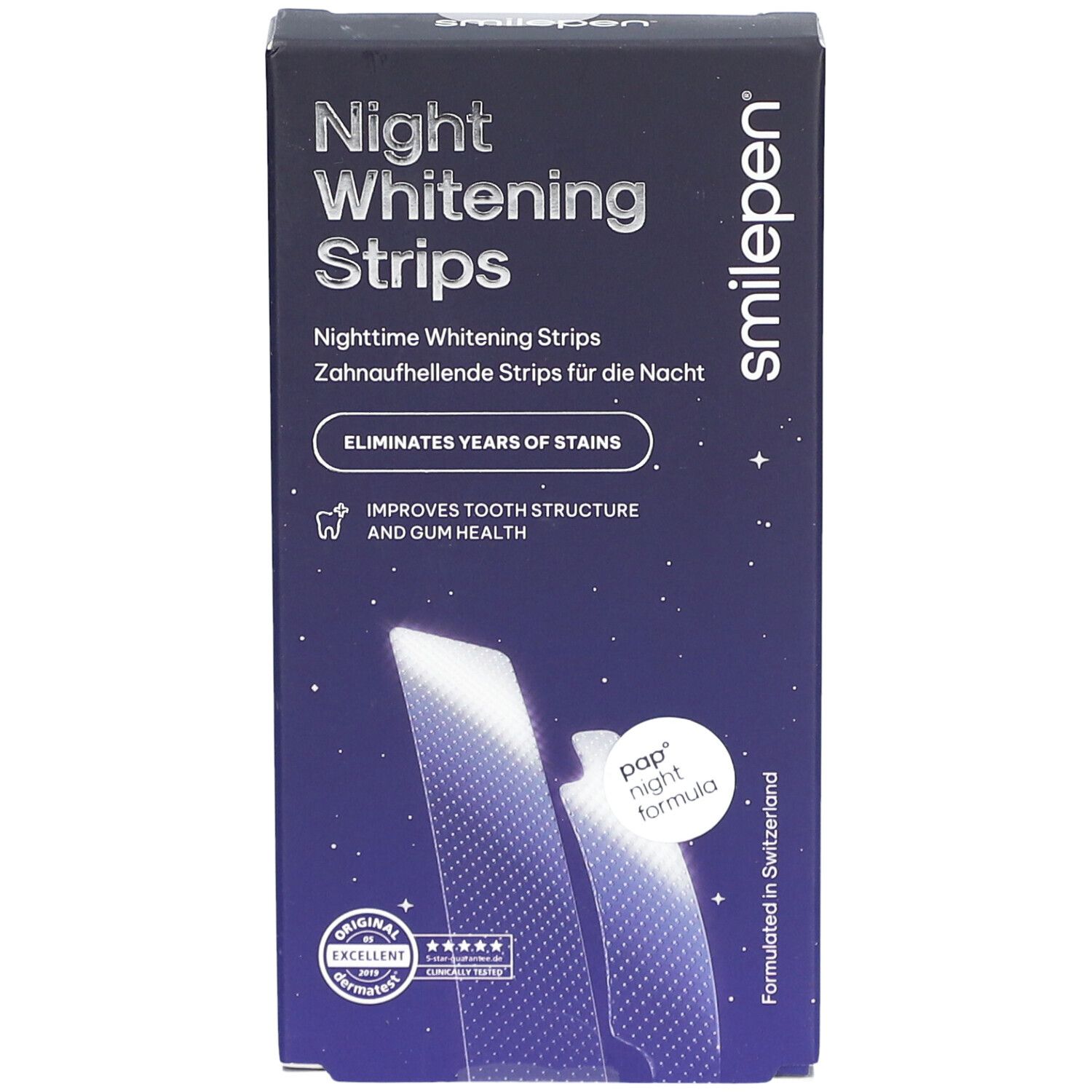 Doosje "Night Whitening Strips". Merk: smilepen. Blauwe verpakking met productnaam en logo. Vooraanzicht.