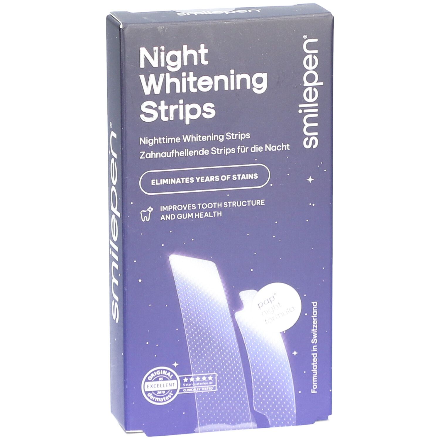 Doosje "Night Whitening Strips" van smilepen. Blauwe verpakking met productnaam en logo. Vooraanzicht.