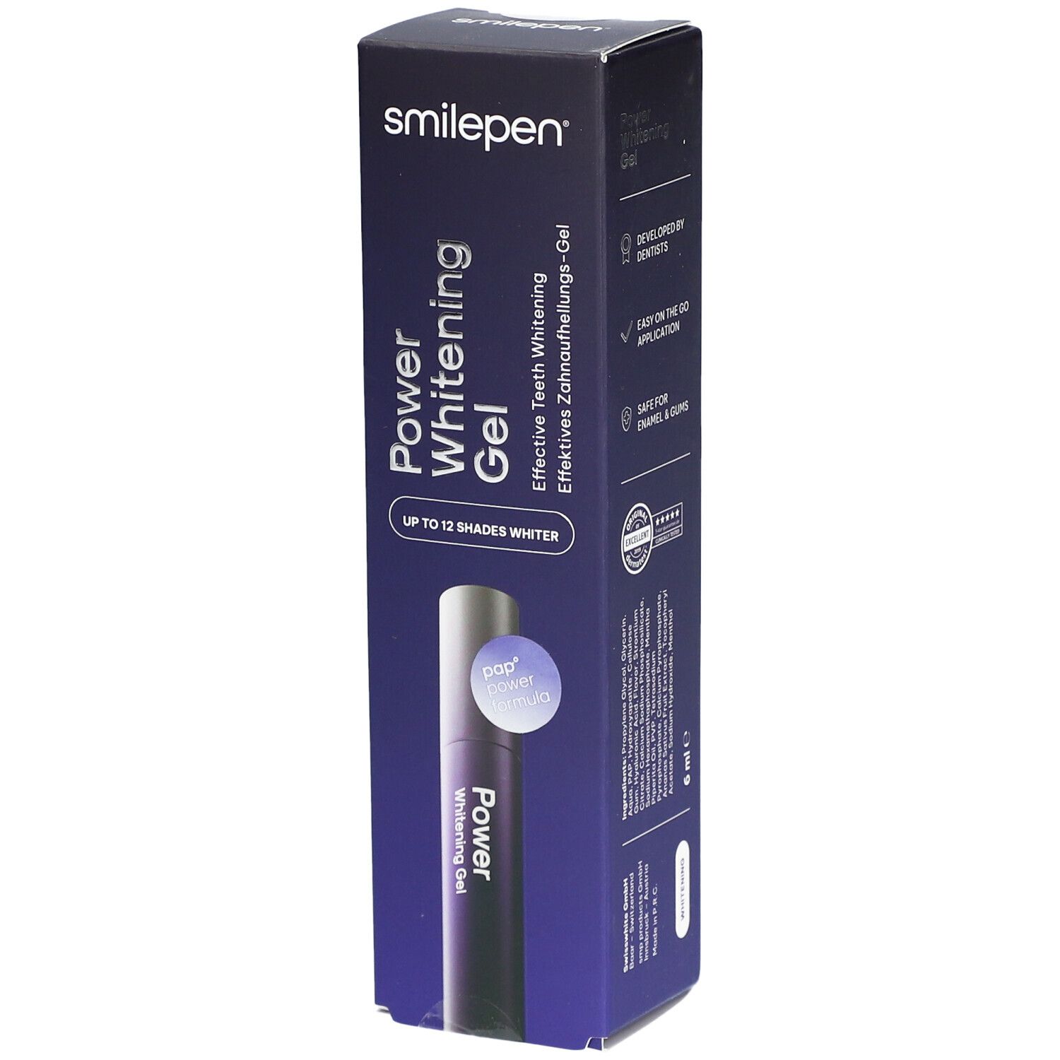 Doosje met "Power Whitening Gel". Opschrift: "Smilepen", "Effectieve tandenbleekgel". Bevat een tube.