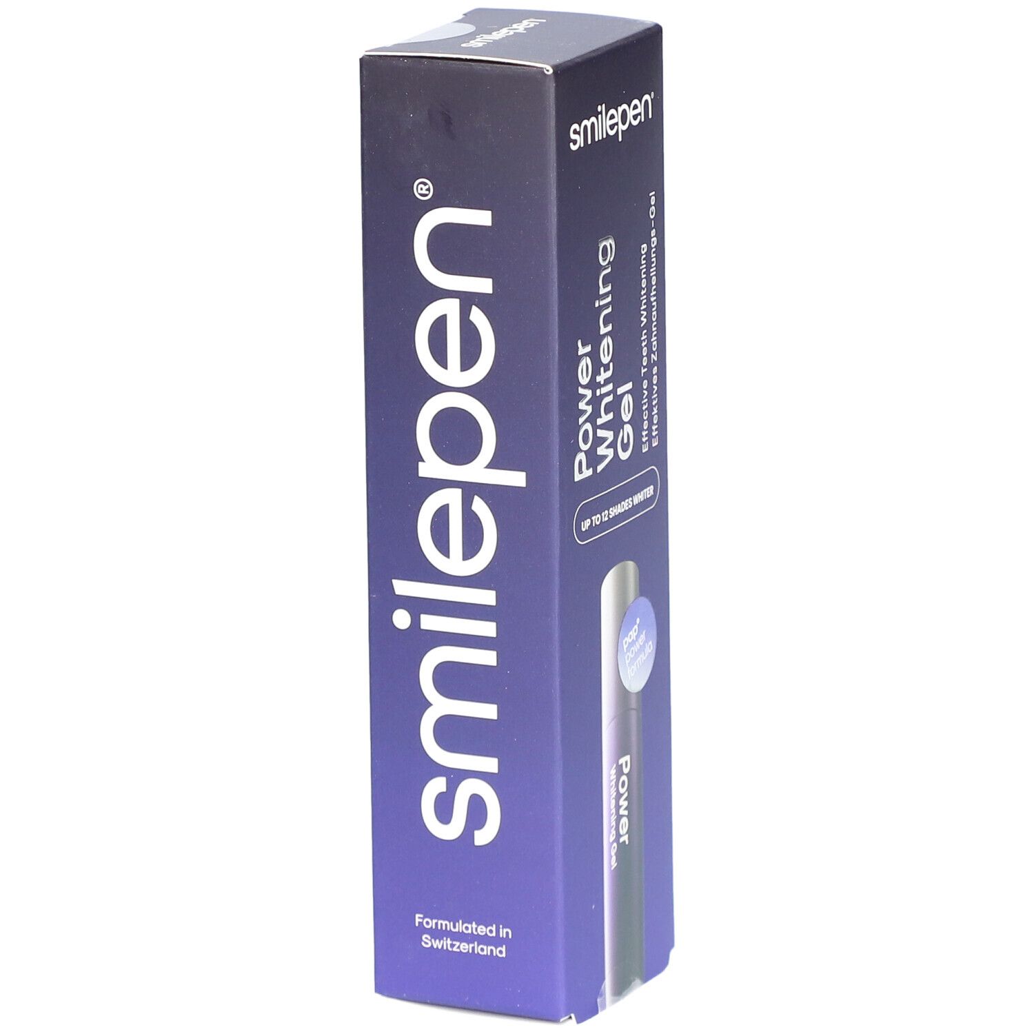 Doosje met "Power Whitening Gel". Opschrift: "Smilepen". Bevat een tube. Gemaakt in Zwitserland.