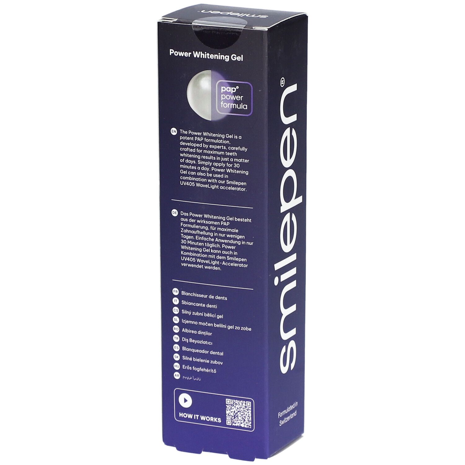 Doosje met "Power Whitening Gel". Opschrift: "Smilepen". Tekst over ingrediënten en gebruik.