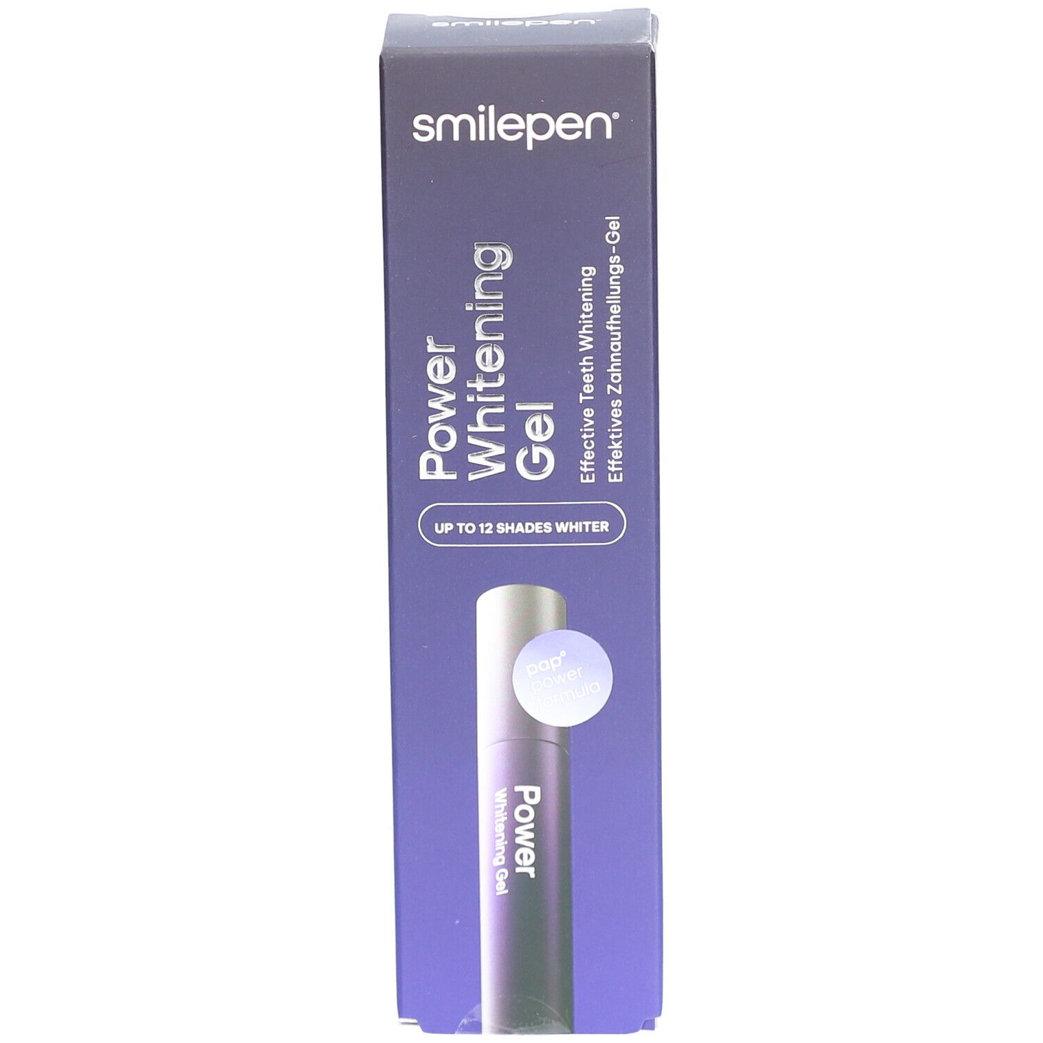 Doosje met "Power Whitening Gel". Opschrift: "Smilepen", "Effectieve tandenbleekgel". Bevat een tube.