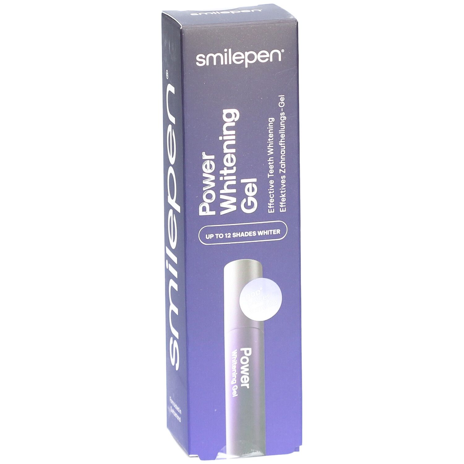 Doosje met "Power Whitening Gel". Opschrift: "Smilepen", "Effectieve tandenbleekgel". Bevat een tube.