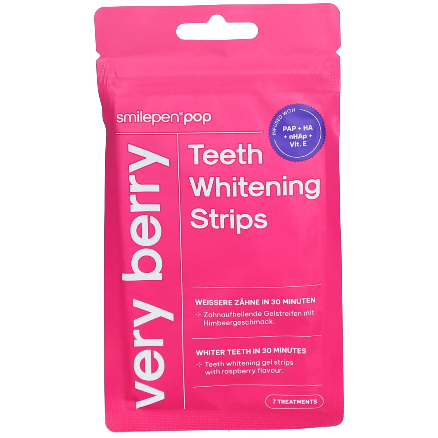 Roze verpakking met "smilepen'pop" en "Very Berry". Bevat whitening strips voor tanden.