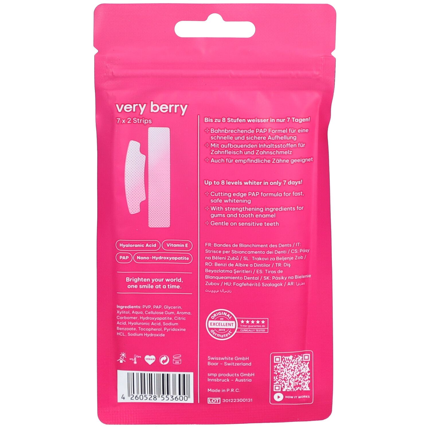 Achterkant van de roze verpakking. Bevat informatie over ingrediënten en gebruik.