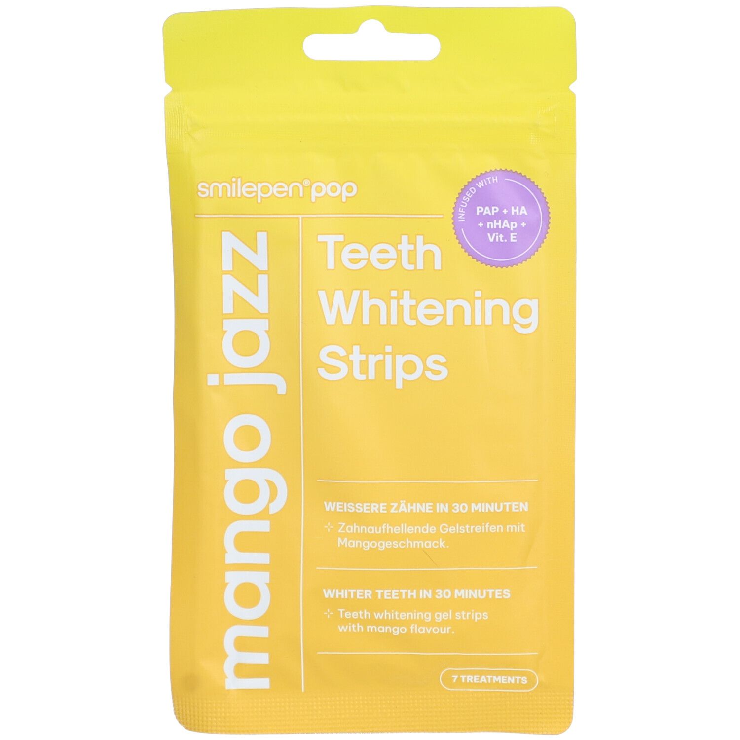 Emballage jaune avec nom du produit et texte : Teeth Whitening Strips. Label rond avec ingrédients. 7 traitements.