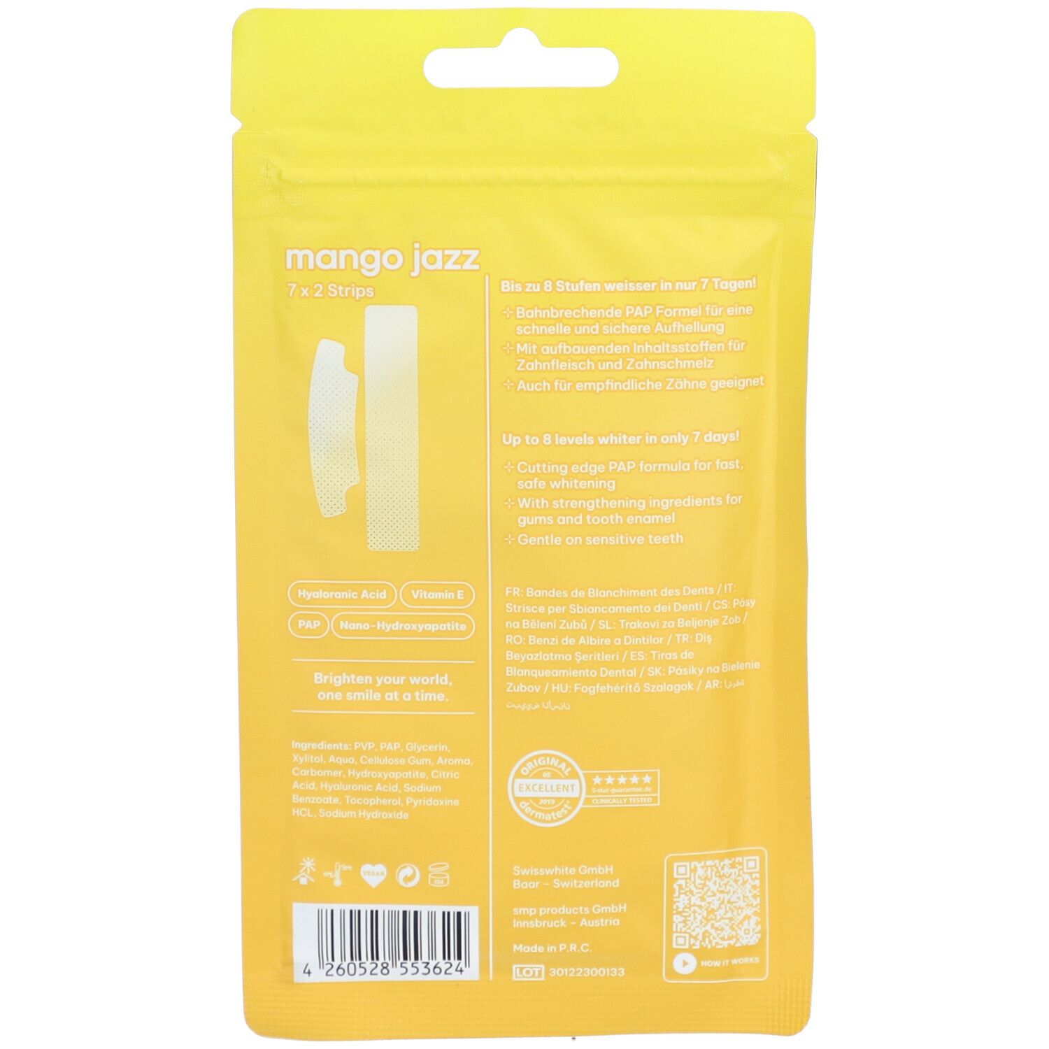 Dos de l'emballage jaune. Texte : Mango Jazz, 1 x 2 bandes. Ingrédients et instructions. Code QR et informations du fabricant.