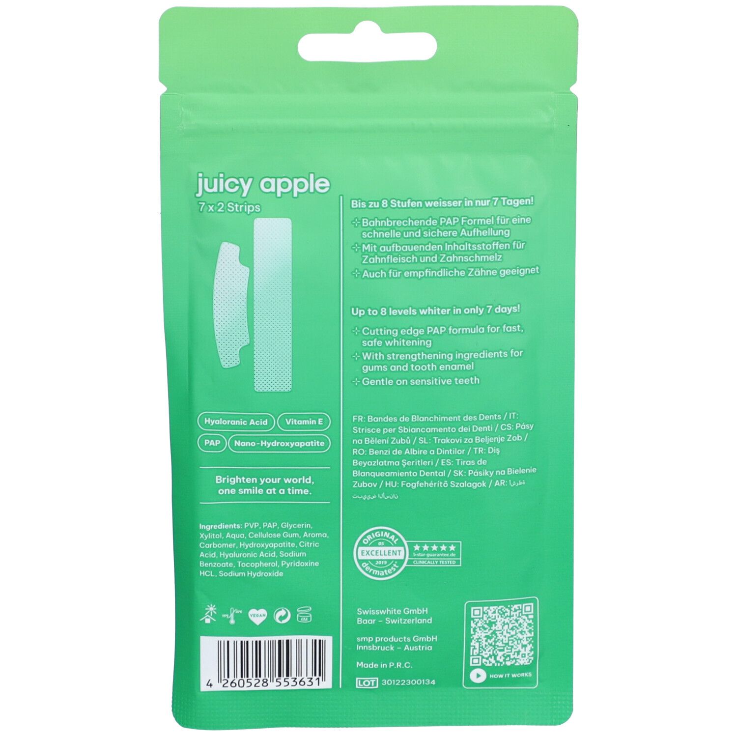Achterkant van de groene verpakking. Bevat informatie over ingrediënten en een QR-code. Toont twee whitening strips.