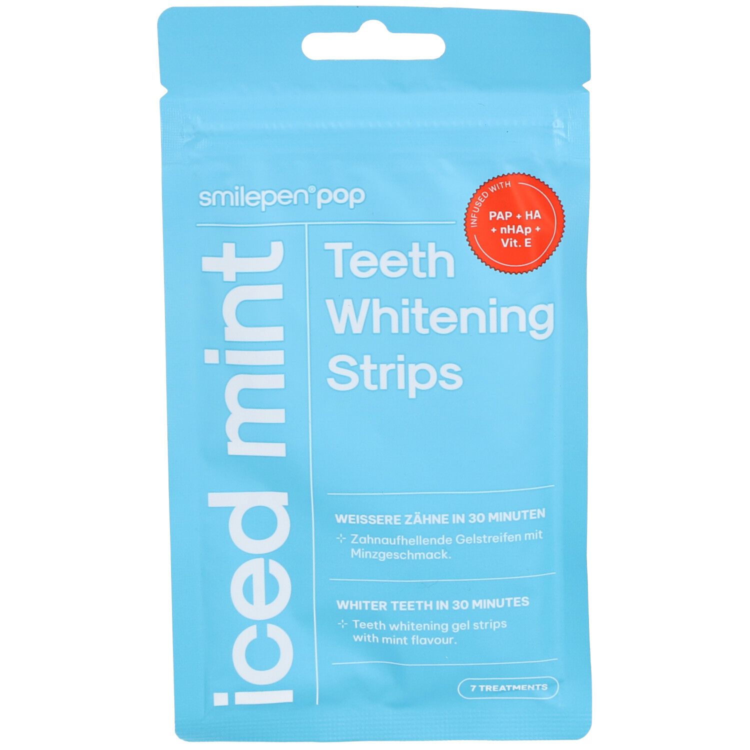 Lichtblauwe verpakking met productnaam en "Teeth Whitening Strips". Bevat "Iced Mint" en een rood zegel.