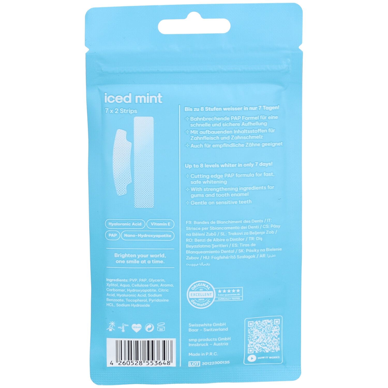 Achterkant van de verpakking met productinformatie. Strips en tekst in meerdere talen. QR-code en barcode.