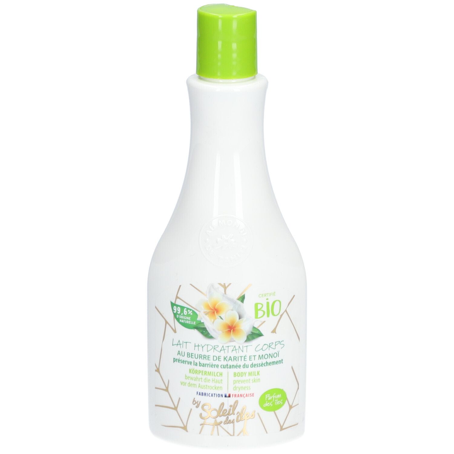 Witte fles met groene dop. Opschrift: Lait Hydratant Corps, Bio-certificering, bloemenmotief.