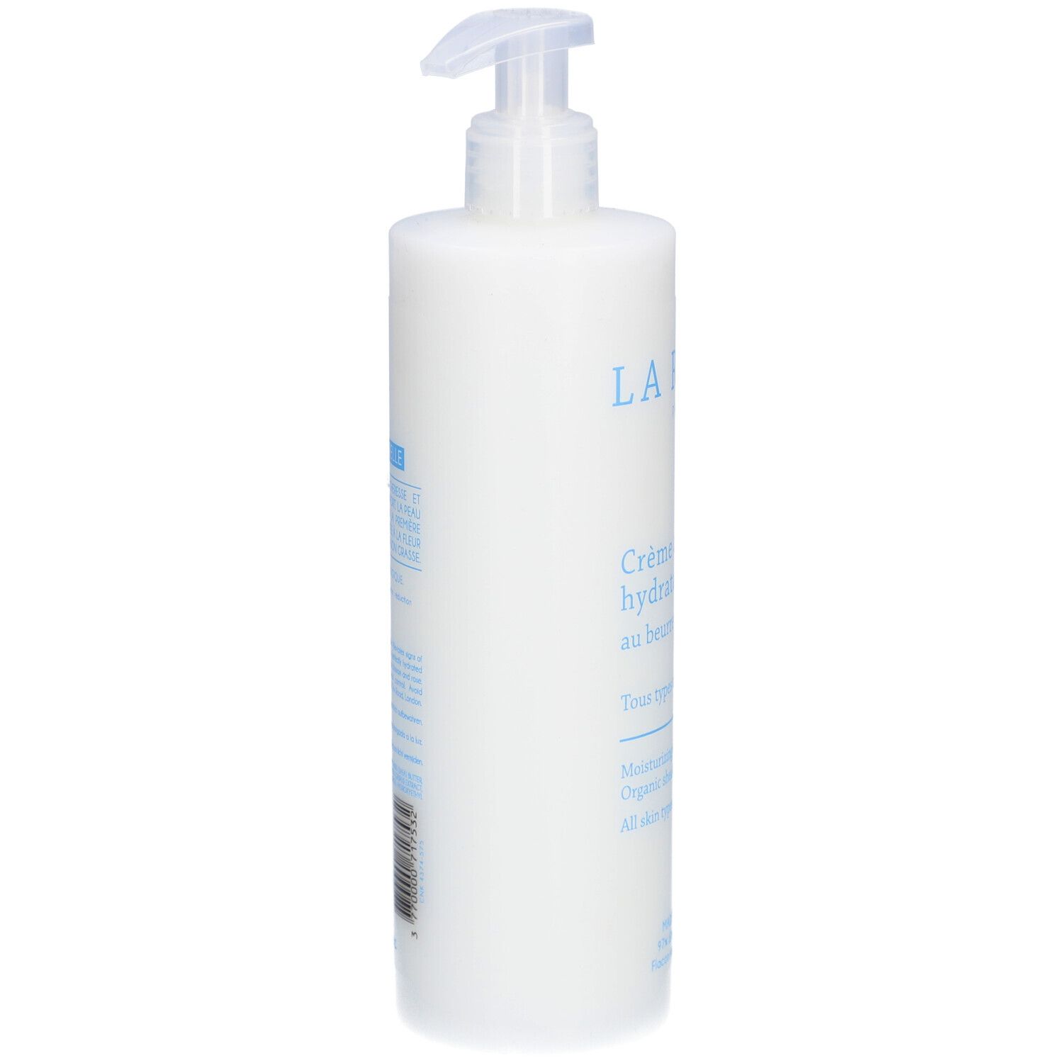 Flacon blanc avec pompe. Inscription et étiquette avec informations produit. Vue latérale.