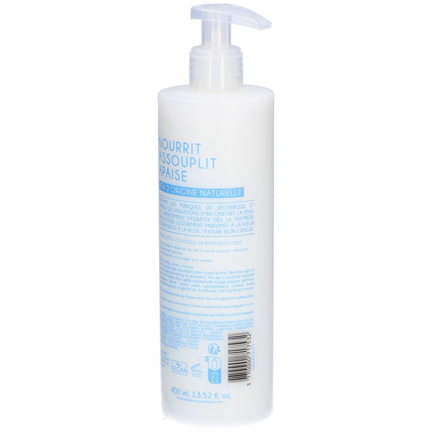 Flacon blanc avec pompe. Dos avec informations produit et ingrédients. 400 ml.