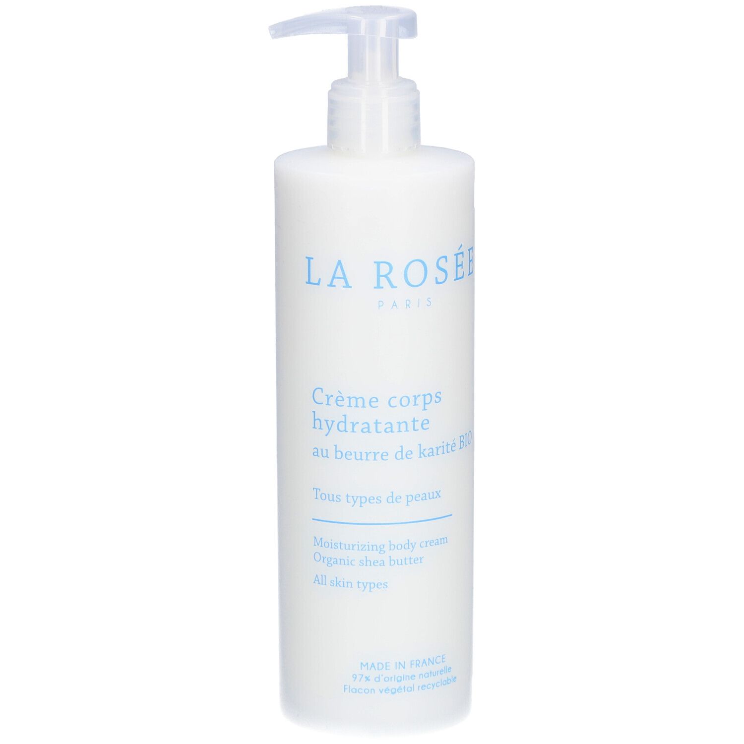 Flacon blanc avec pompe. Inscription: LA ROSÉE, Crème corps hydratante, au beurre de karité BIO. Pour tous types de peaux.