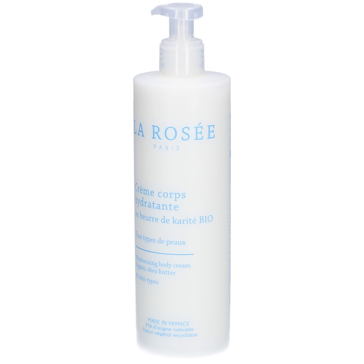 Flacon blanc avec pompe. Inscription: LA ROSÉE, Crème corps hydratante, au beurre de karité BIO. Pour tous types de peaux.