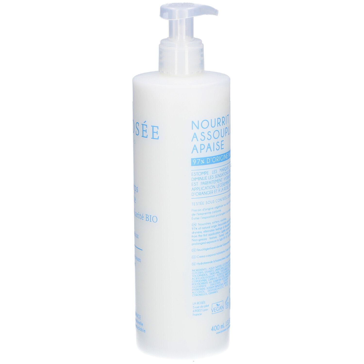 Flacon blanc avec pompe. Dos avec informations produit et ingrédients. 400 ml.