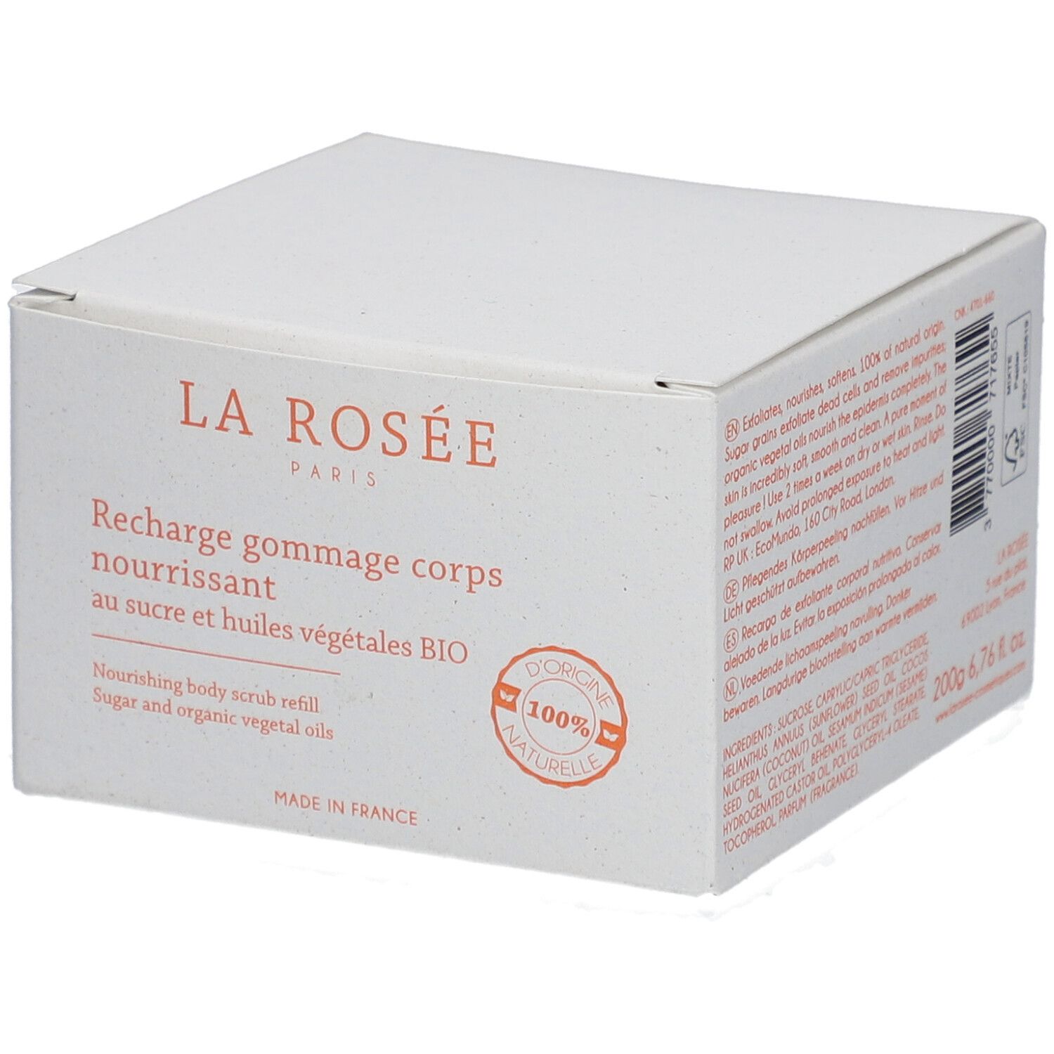 Boîte blanche avec informations produit. Inscription: LA ROSÉE, Recharge gommage corps nourrissant, au sucre et huiles végétales BIO.
