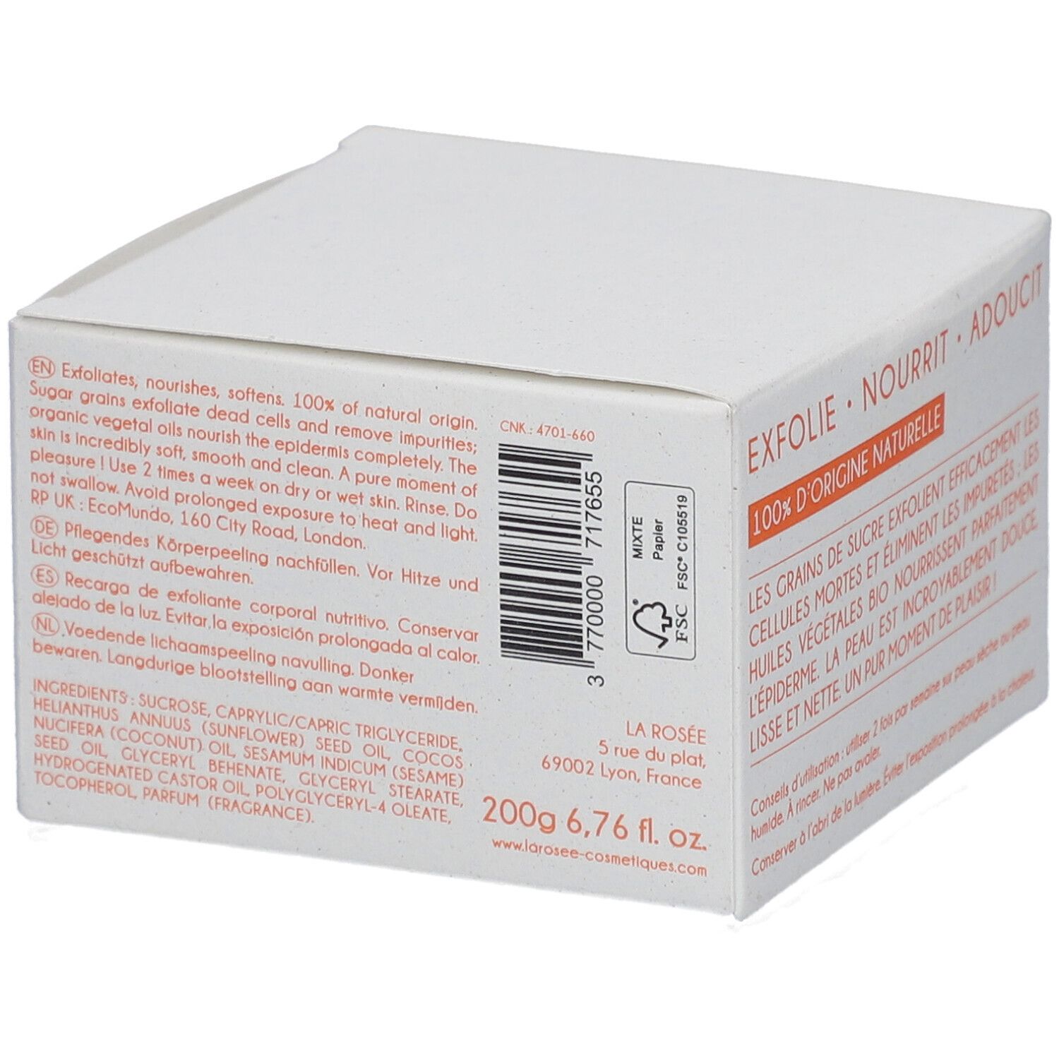 Boîte blanche avec texte et code-barres. Inscription: LA ROSÉE, 200g 6,76 fl. oz. Ingrédients. Logo FSC.