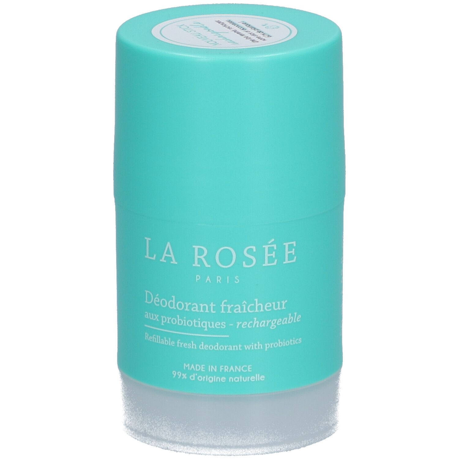 Déodorant rechargeable LA ROSÉE, turquoise. Inscription: Déodorant fraîcheur aux probiotiques. Rechargeable.