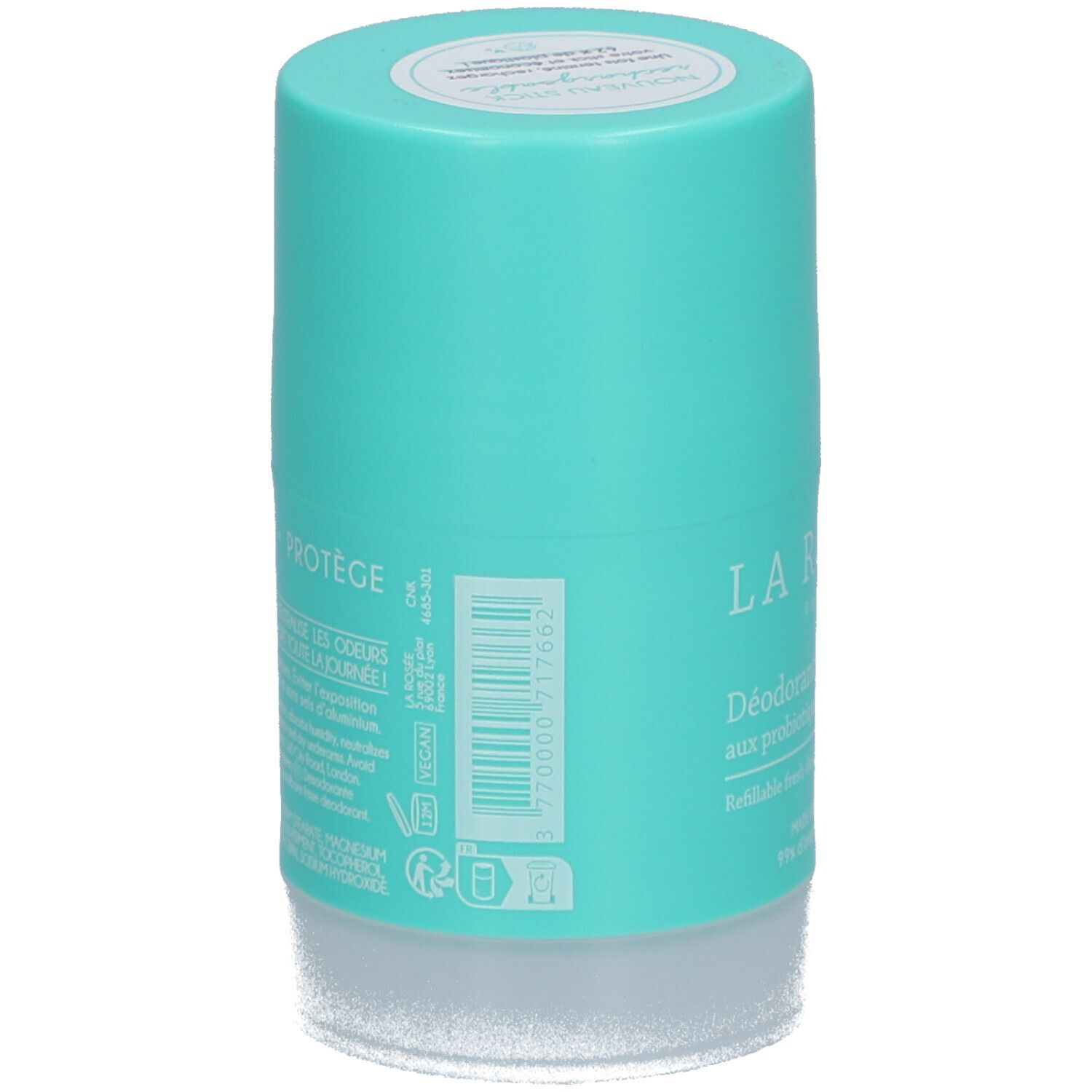 Dos du déodorant LA ROSÉE, turquoise. Texte: Déodorant fraîcheur aux probiotiques. Code-barres et informations.