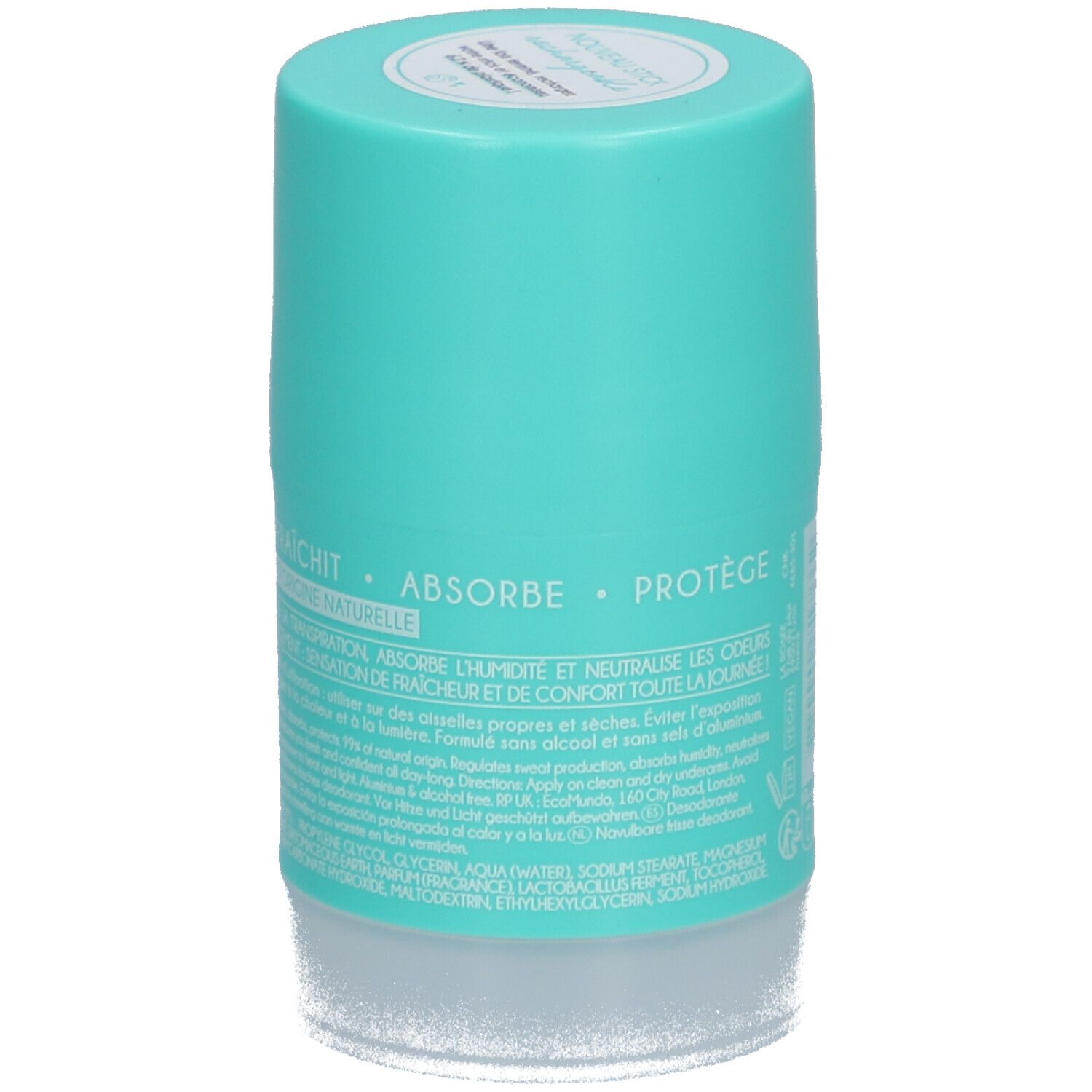 Dos du déodorant LA ROSÉE, turquoise. Texte: Déodorant fraîcheur. Ingrédients et informations.