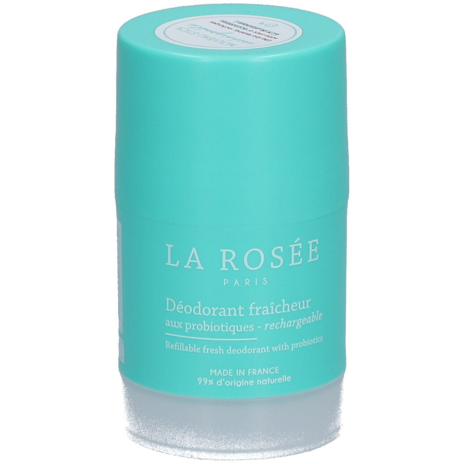 Déodorant rechargeable LA ROSÉE, turquoise. Inscription: Déodorant fraîcheur aux probiotiques. Rechargeable.