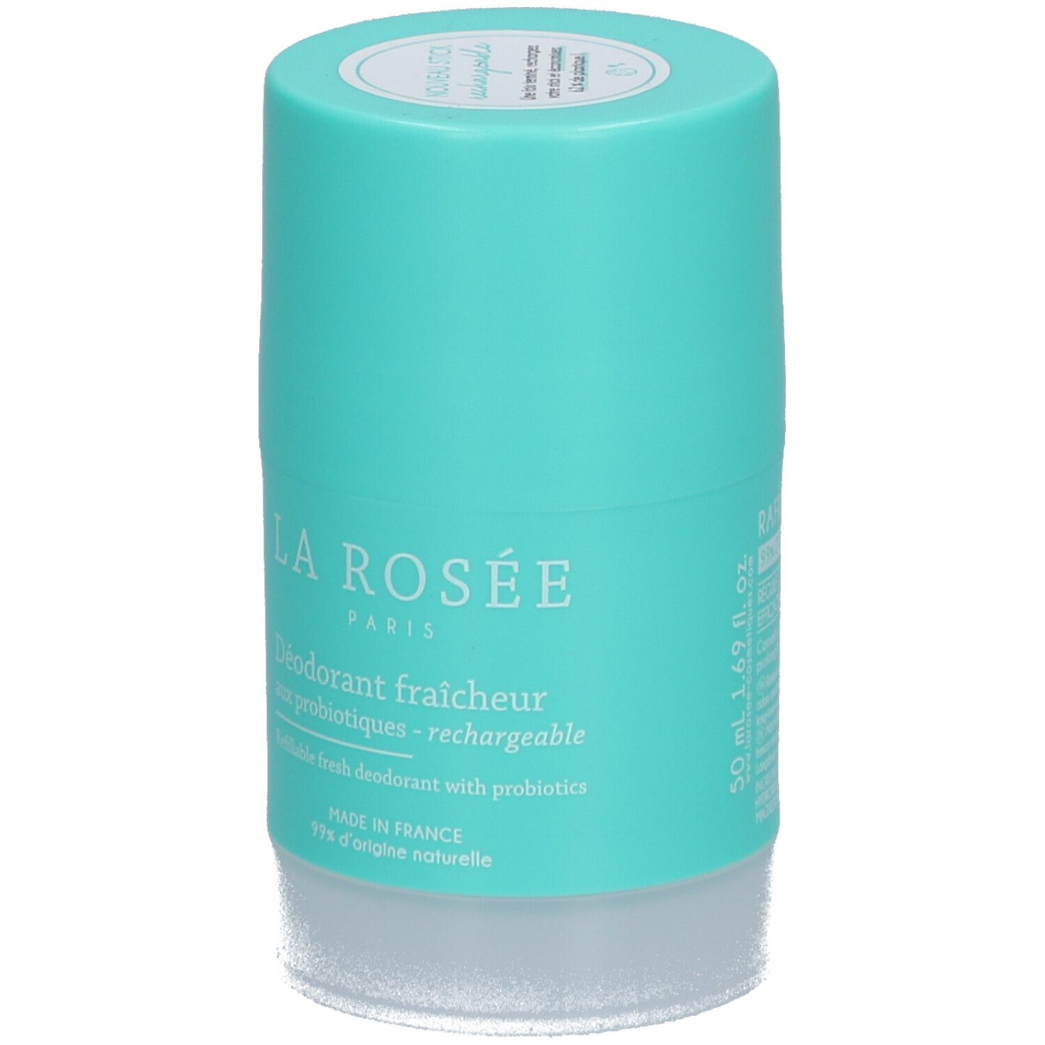 Déodorant rechargeable LA ROSÉE, turquoise. Inscription: Déodorant fraîcheur aux probiotiques. 50 ml.