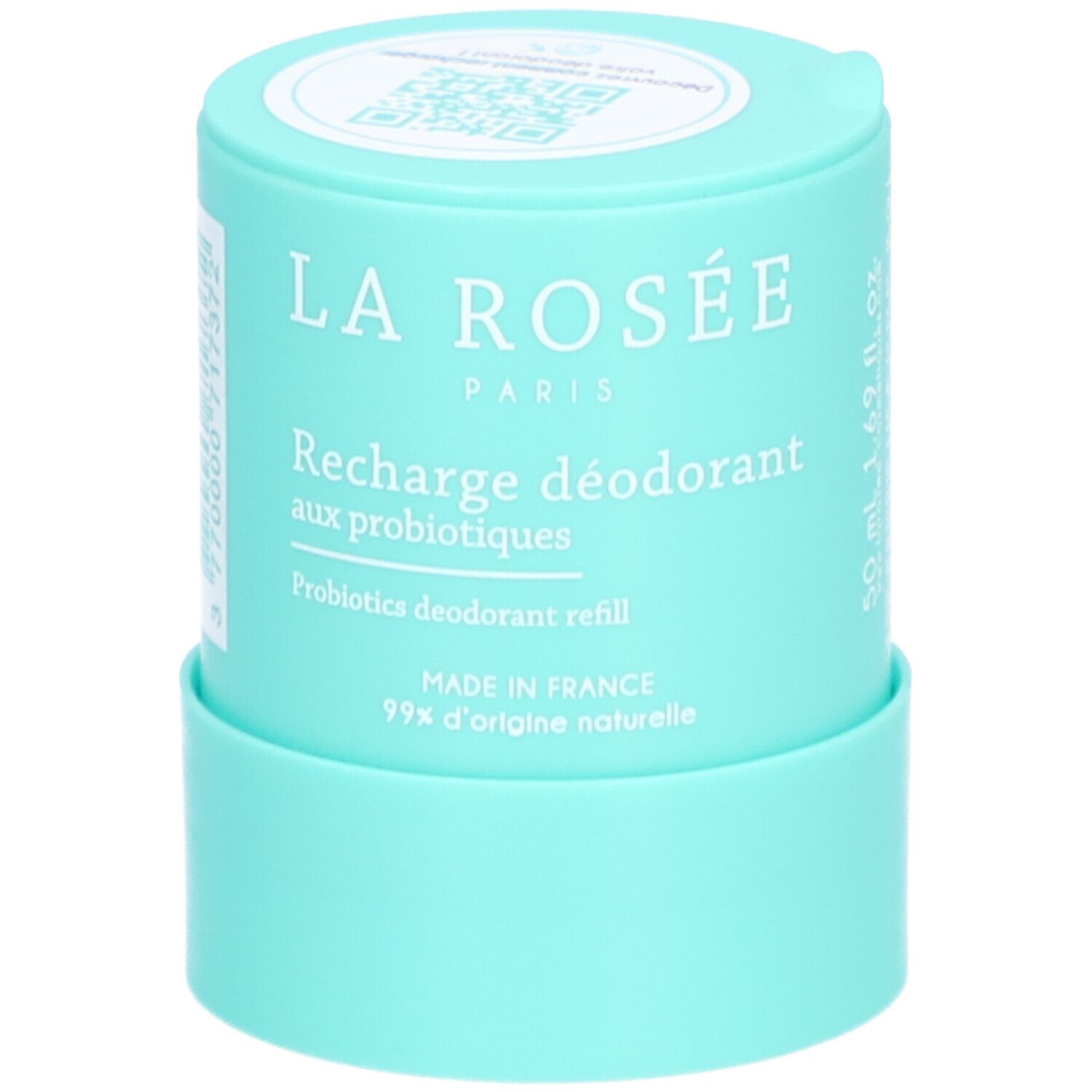 Turquoise deodorant navulling. Opschrift: LA ROSÉE, Recharge déodorant aux probiotiques. Gemaakt in Frankrijk. 99% natuurlijke oorsprong.