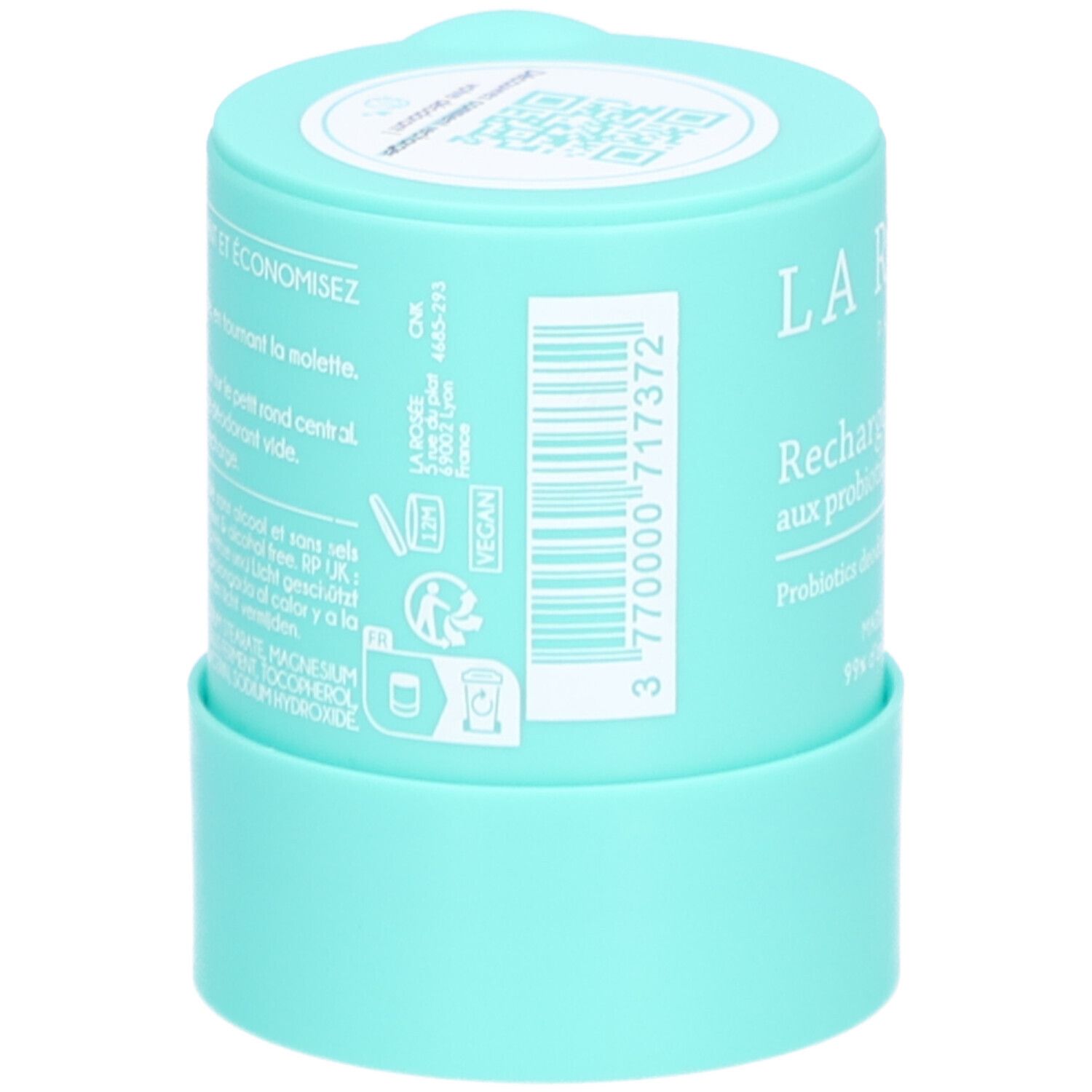 Turquoise deodorant navulling. Achterkant met tekst en barcode. Vegan logo. Gebruiks- en ingrediënten informatie.