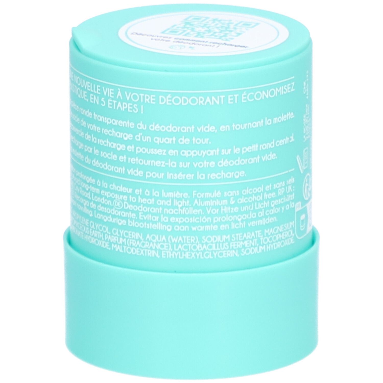 Turquoise deodorant navulling. Tekst met gebruiksaanwijzing. Waarschuwingen. Ingrediënten. Geformuleerd zonder alcohol.