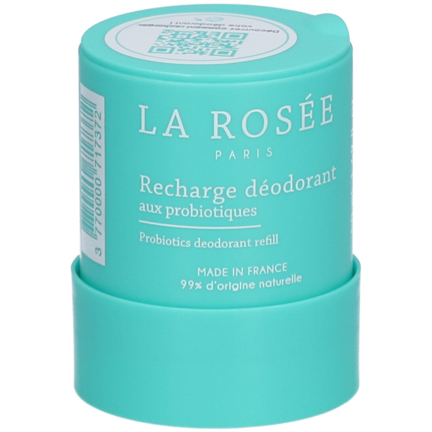 Turquoise deodorant navulling. Opschrift: LA ROSÉE, Recharge déodorant aux probiotiques. Gemaakt in Frankrijk. 99% natuurlijke oorsprong.