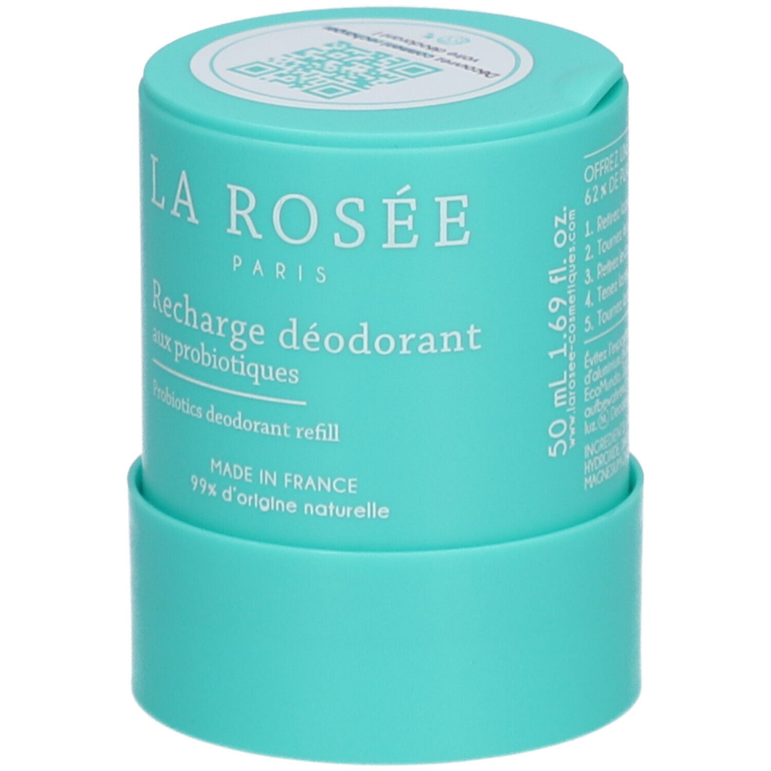 Turquoise deodorant navulling. Opschrift: LA ROSÉE, Recharge déodorant aux probiotiques. 50 ml. Gemaakt in Frankrijk. 99% natuurlijke oorsprong.