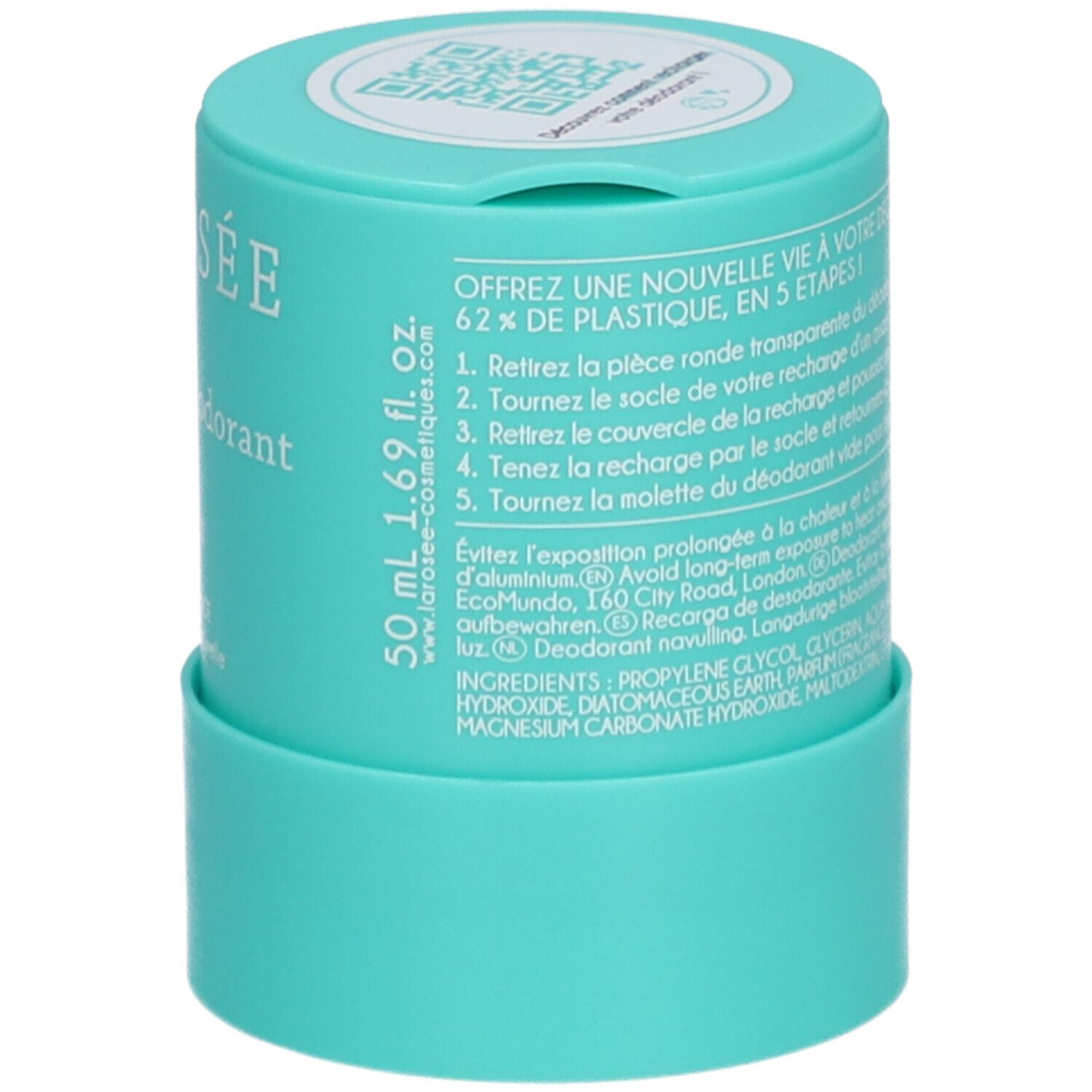 Turquoise deodorant navulling. Opschrift: LA ROSÉE, Recharge déodorant. 50 ml. Gebruiksaanwijzing. Ingrediënten.