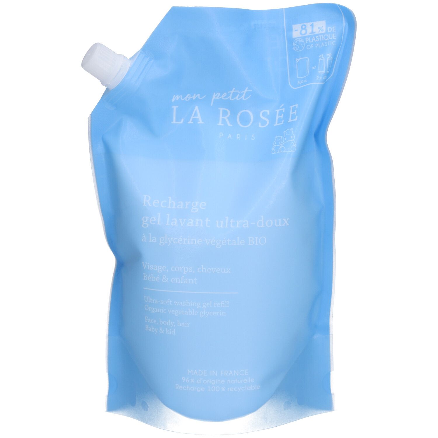 Recharge de gel lavant bleu clair. Logo "LA ROSÉE". Texte : "Recharge gel lavant ultra-doux". Pour visage, corps, cheveux, bébé. Glycérine végétale.