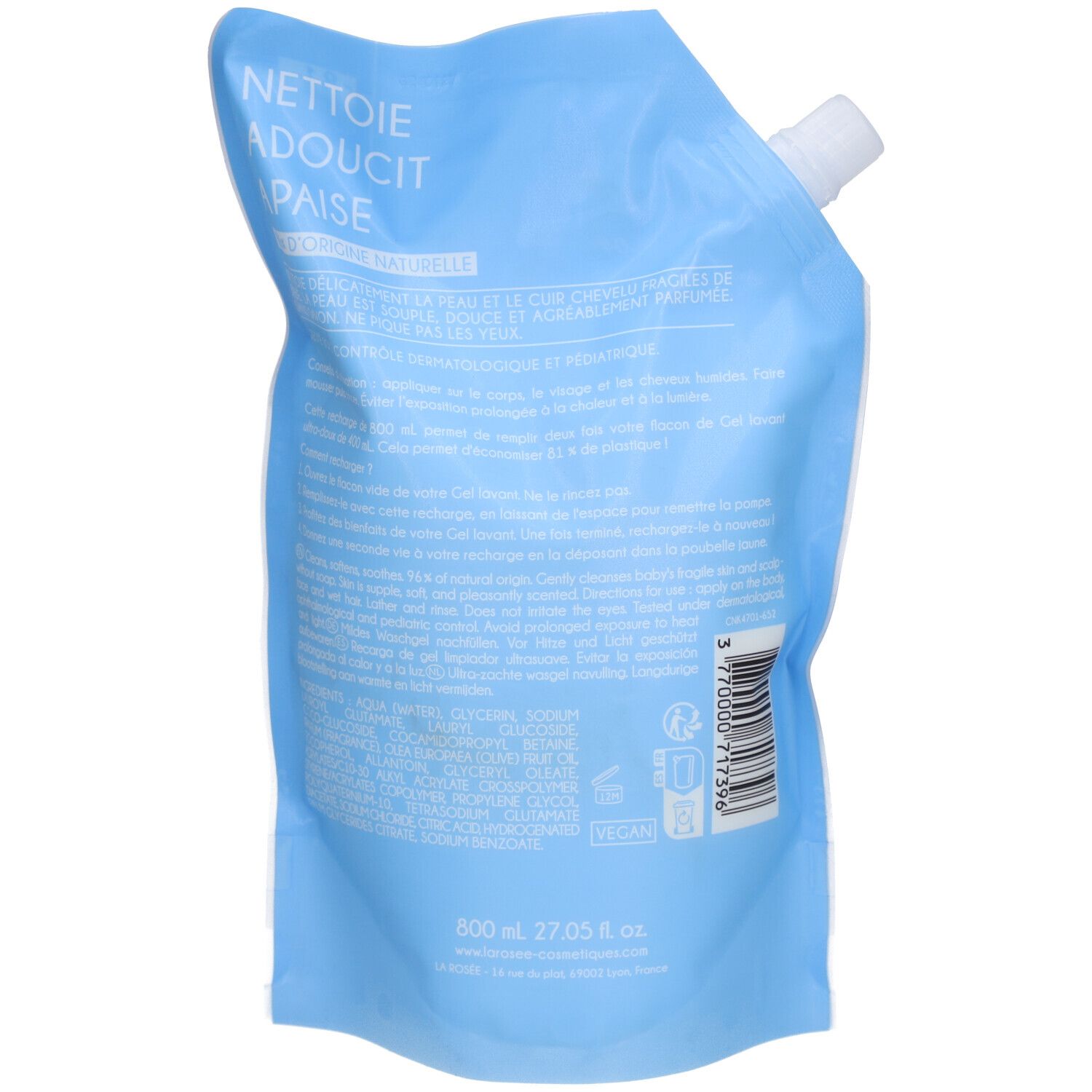 Dos de la recharge bleu clair. Texte : "Nettoie, adoucit, apaise". Informations produit et code-barres. 800 ml.