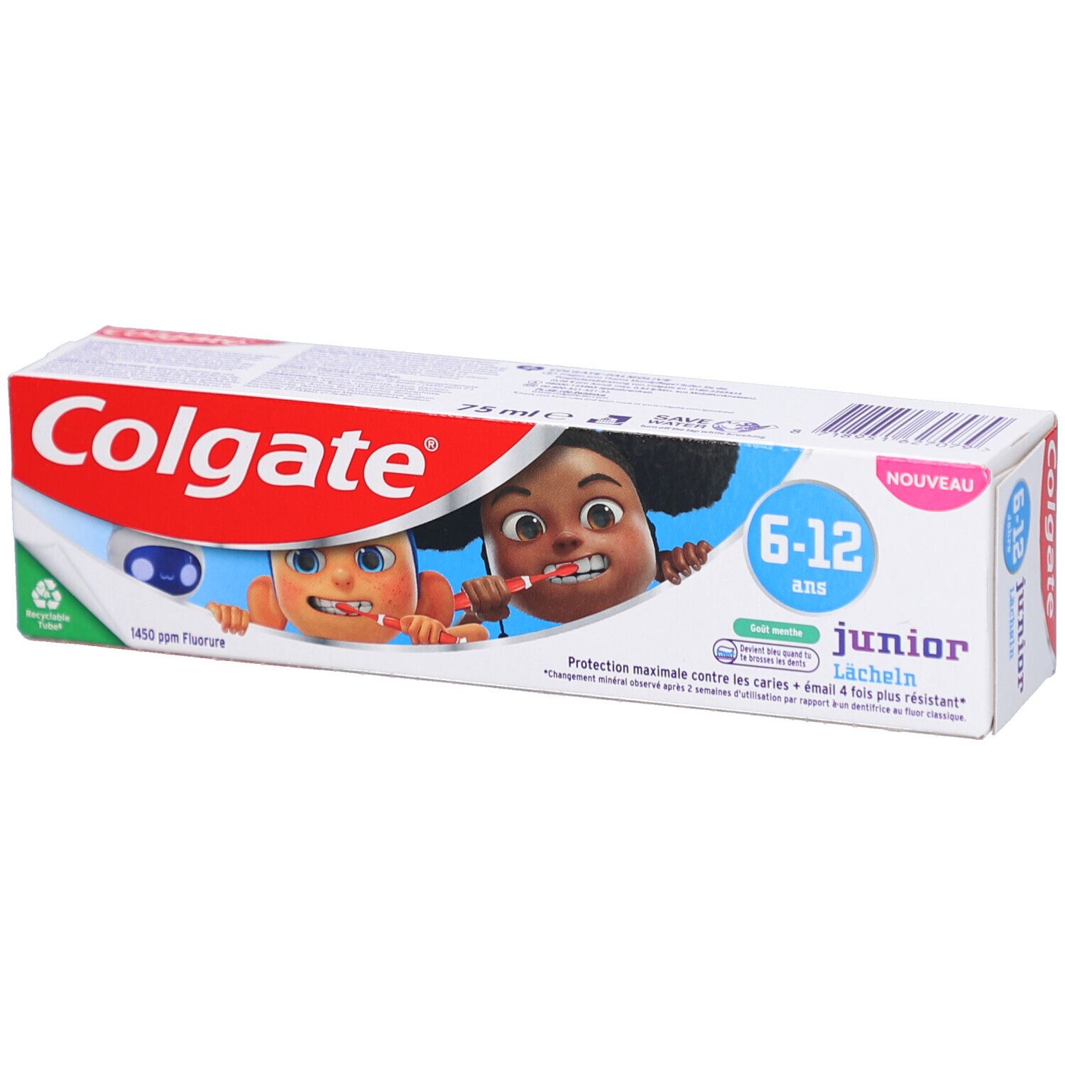 Emballage de dentifrice. Blanc, rouge et bleu. Inscription : Colgate, Junior 6-12 ans, 1450 ppm fluorure. Illustration de deux enfants de dessin animé.