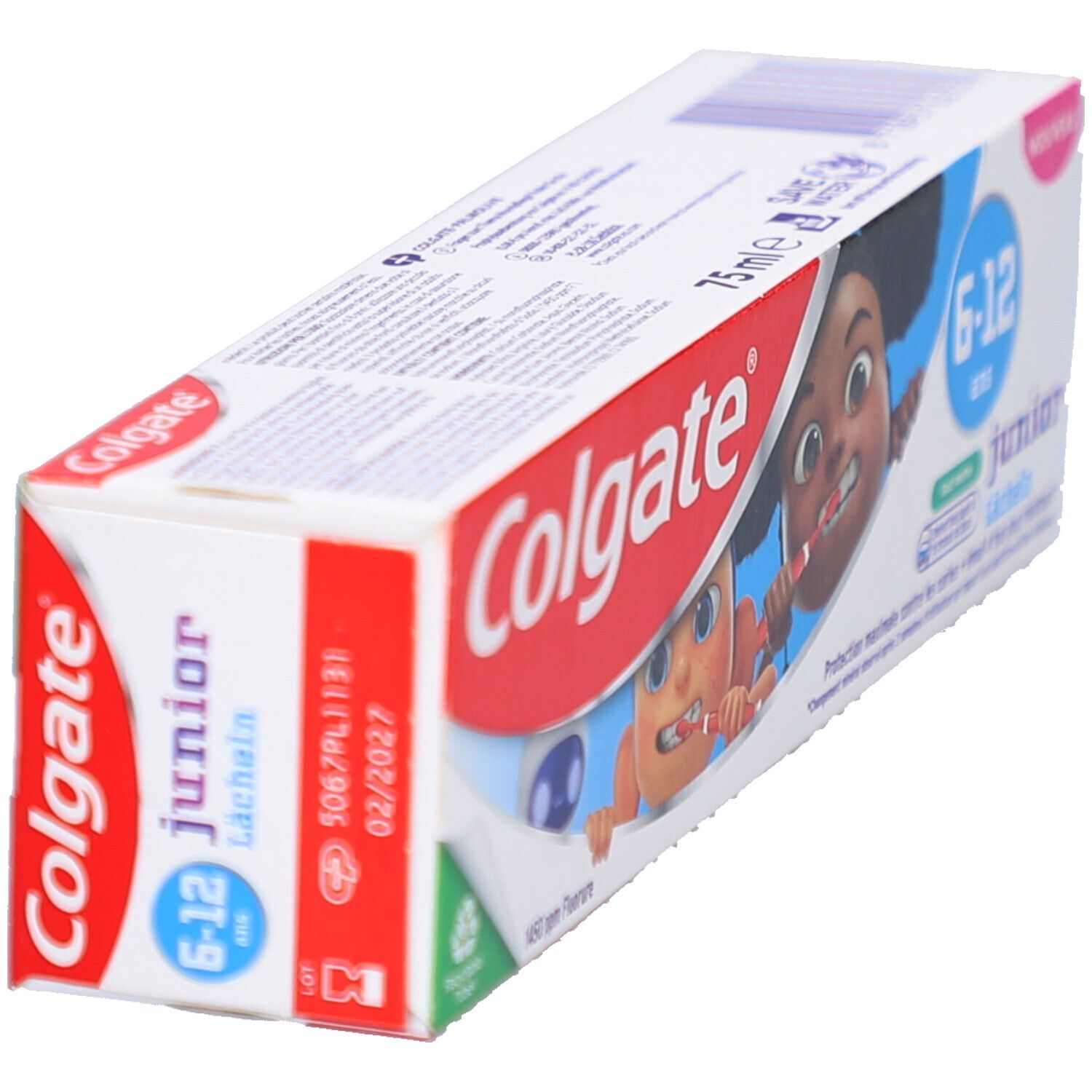 Emballage de dentifrice, en biais. Blanc, rouge et bleu. Inscription : Colgate, Junior 6-12 ans. Illustration de deux enfants de dessin animé. Avec impression 02/2027.