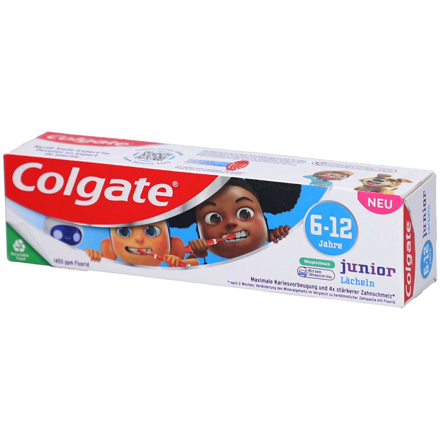 Emballage de dentifrice. Blanc, rouge et bleu. Inscription : Colgate, Junior 6-12 ans, 1450 ppm fluorure. Illustration de deux enfants de dessin animé.