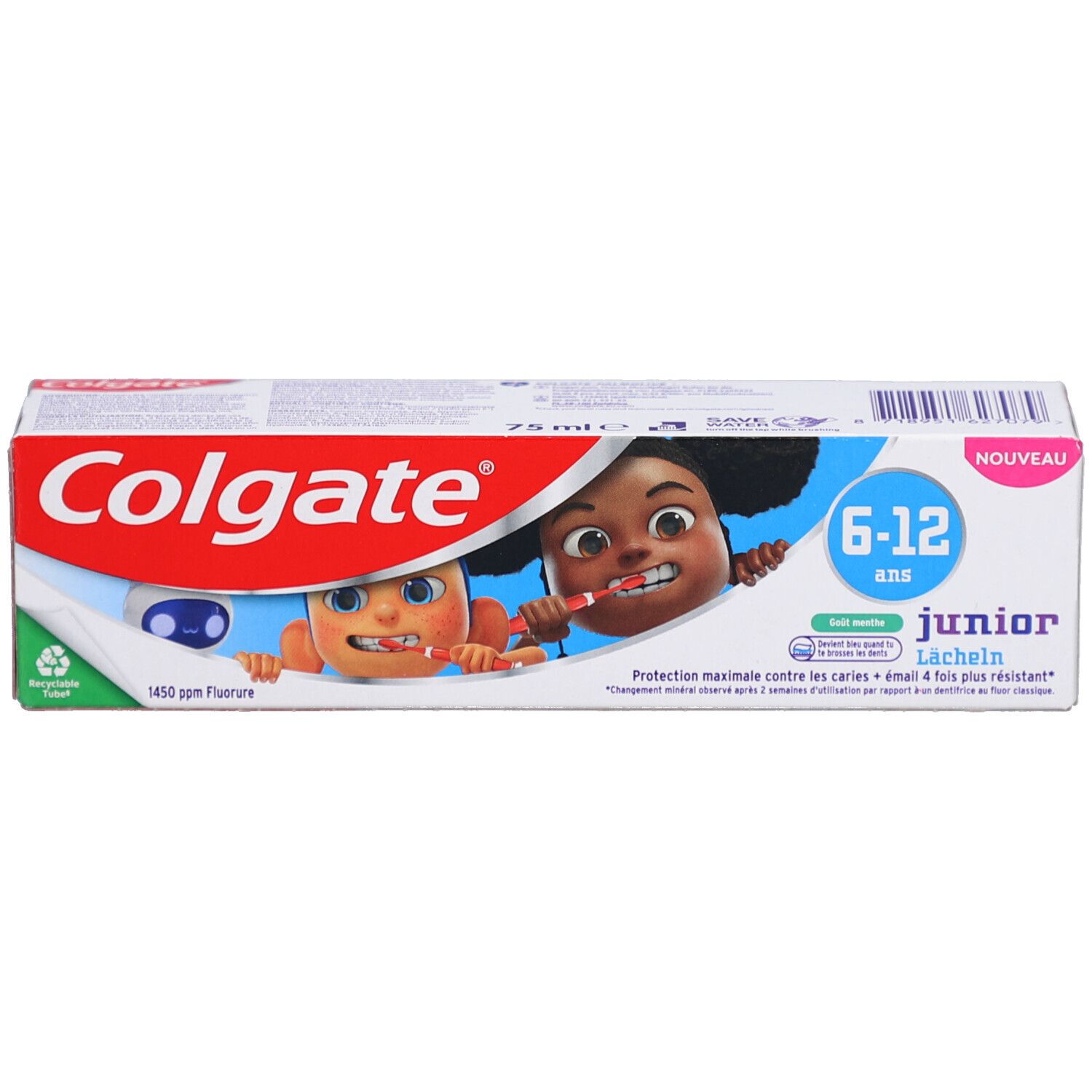 Emballage de dentifrice. Blanc, rouge et bleu. Inscription : Colgate, Junior 6-12 ans, 1450 ppm fluorure. Illustration de deux enfants de dessin animé.
