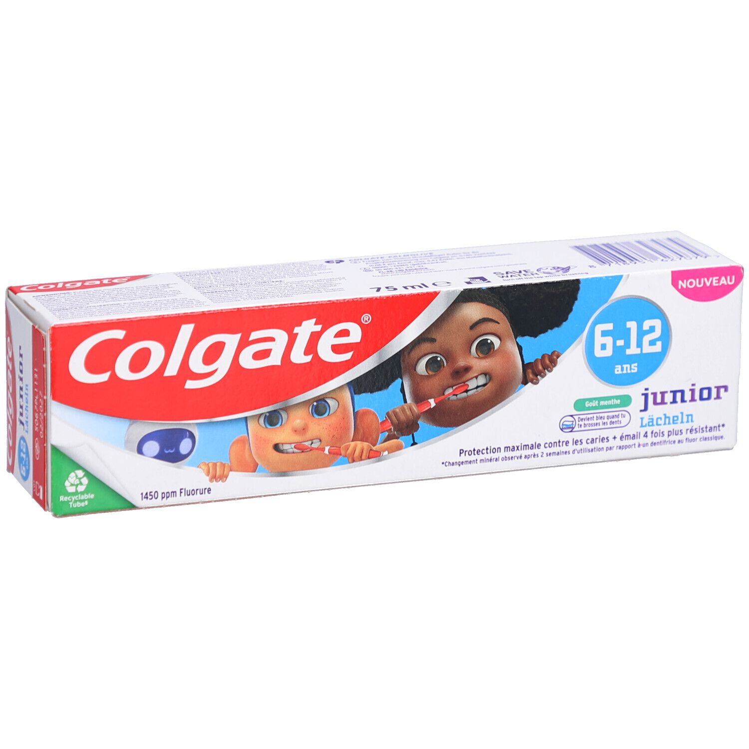 Emballage de dentifrice. Blanc, rouge et bleu. Inscription : Colgate, Junior 6-12 ans, 1450 ppm fluorure. Illustration de deux enfants de dessin animé.