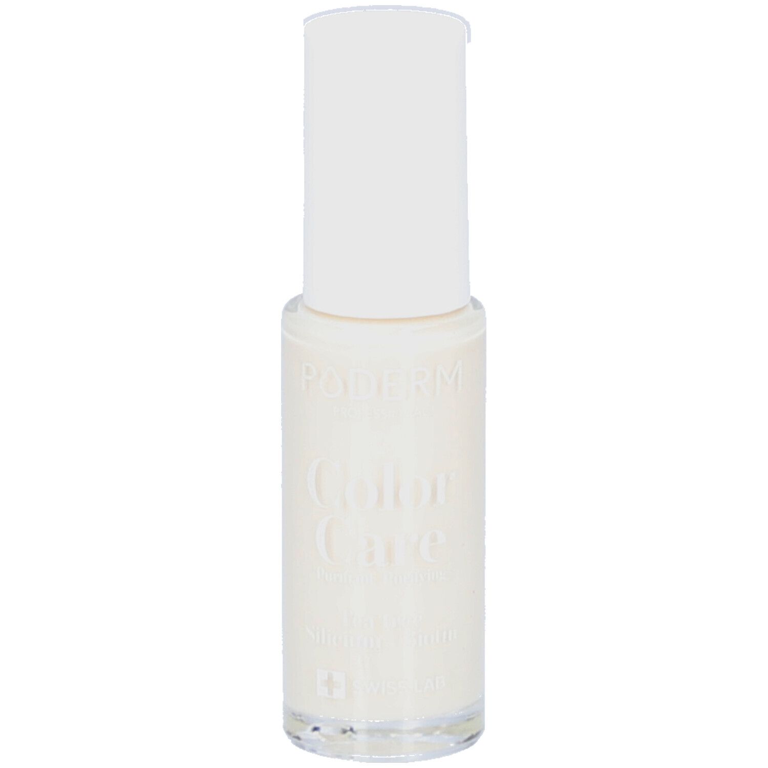 Flacon de vernis à ongles avec bouchon blanc. Inscription : PODERM Color Care Blanc perlé. Flacon en verre transparent.