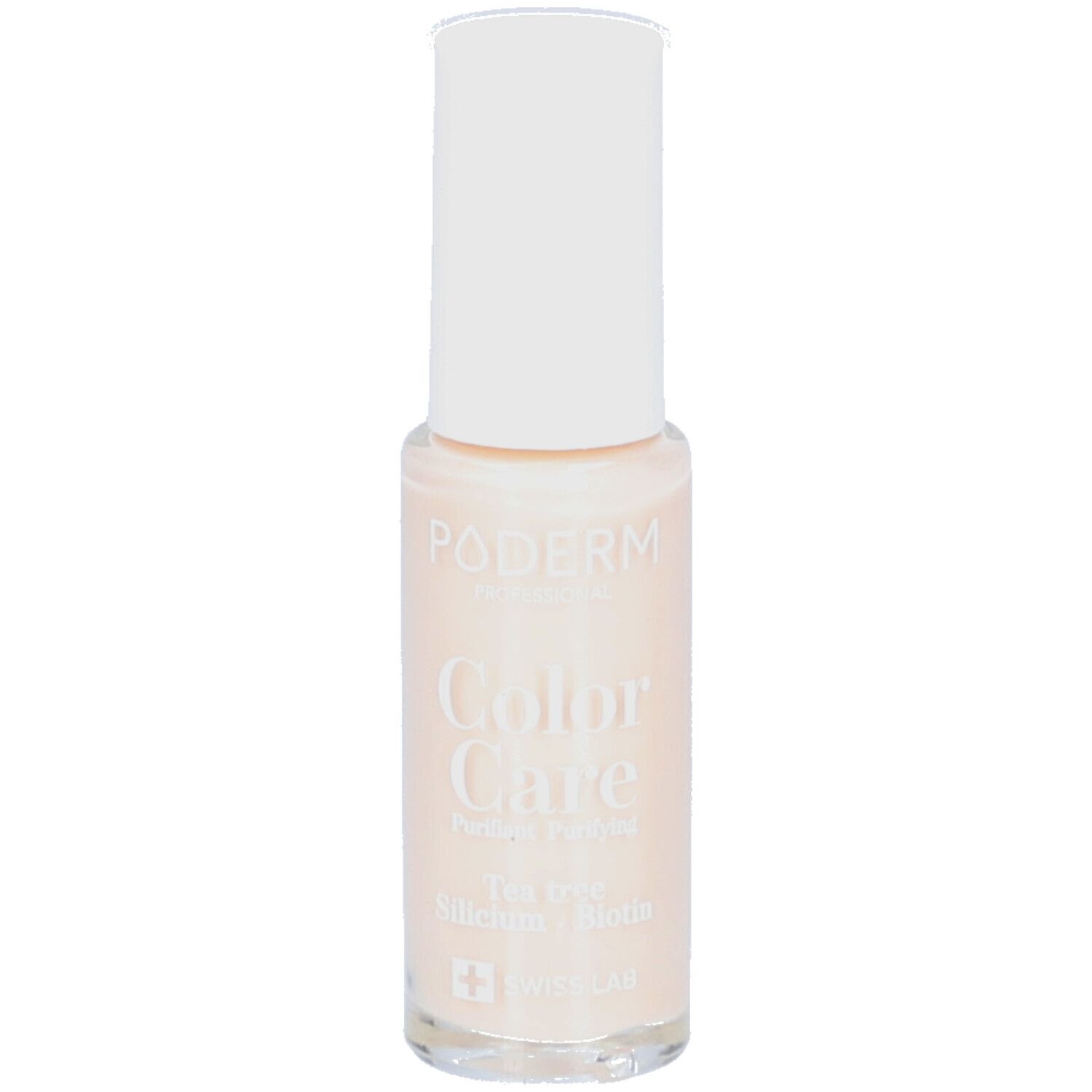 Nagellakflesje met witte dop. Opschrift: PODERM, Color Care, Perfect Finish. Kleur: Nude blush. Bevat Tea tree, Silicium, Biotine. Swiss Lab.