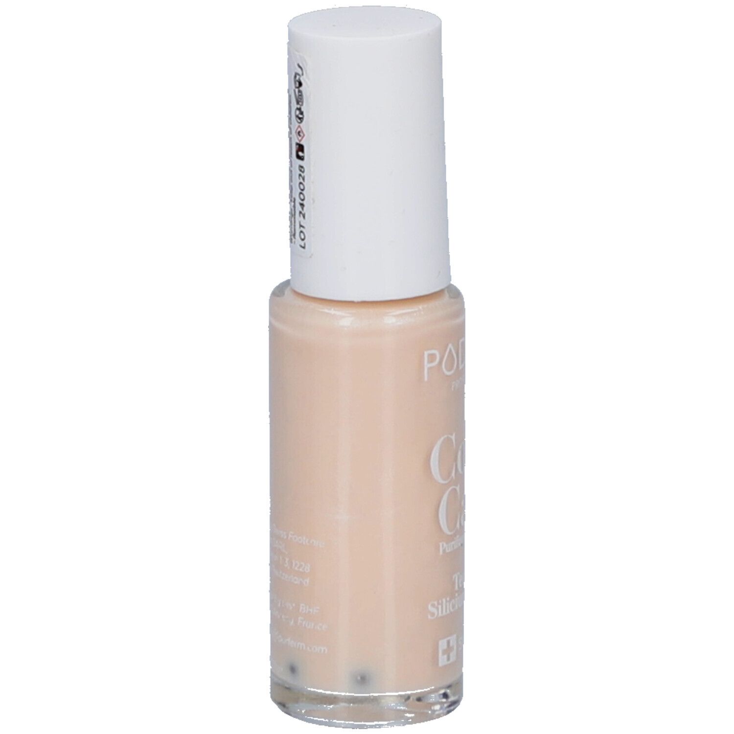 Nagellakflesje met witte dop. Kleur: Nude blush. Opschrift: PODERM, Color Care, Perfect Finish. Bevat Tea tree, Silicium, Biotine. Swiss Lab. Barcode.
